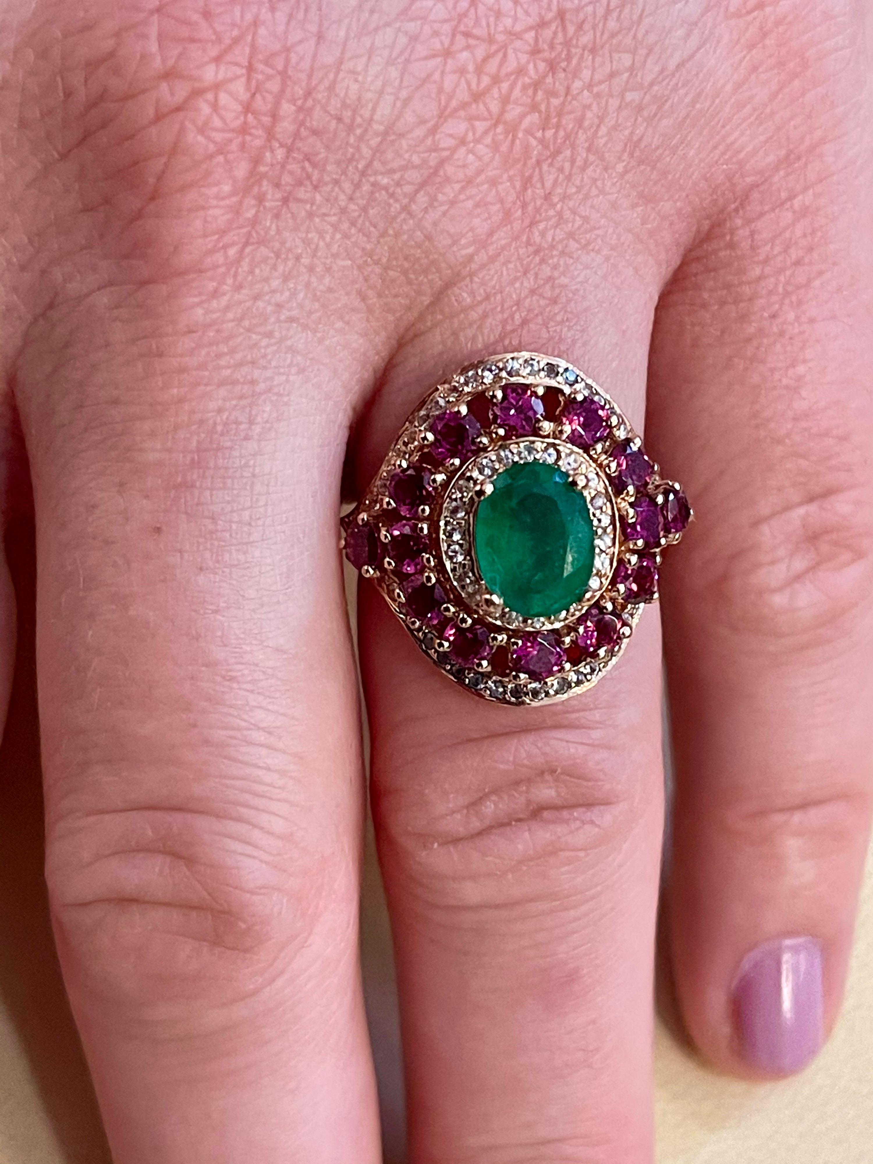 Emerald, Rubellite and Diamond Cocktail Ring in 14 Karat Rose Gold 11