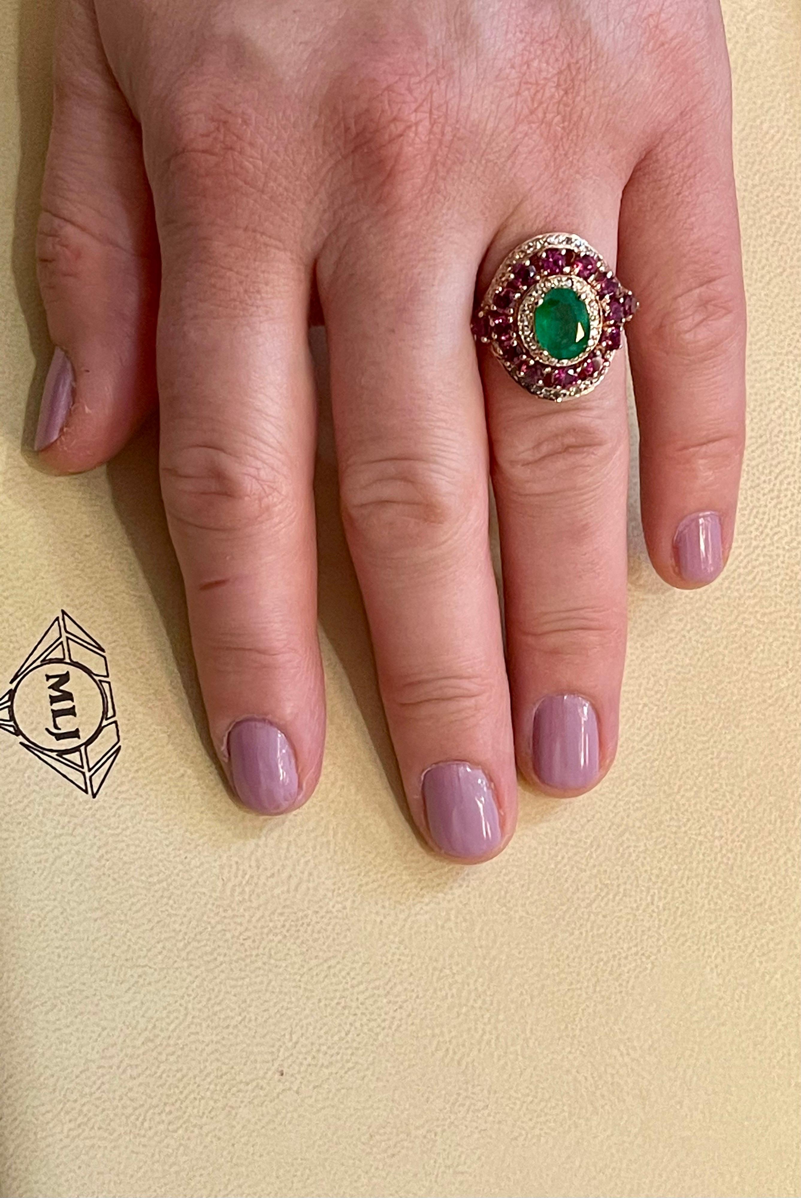 Emerald, Rubellite and Diamond Cocktail Ring in 14 Karat Rose Gold 12