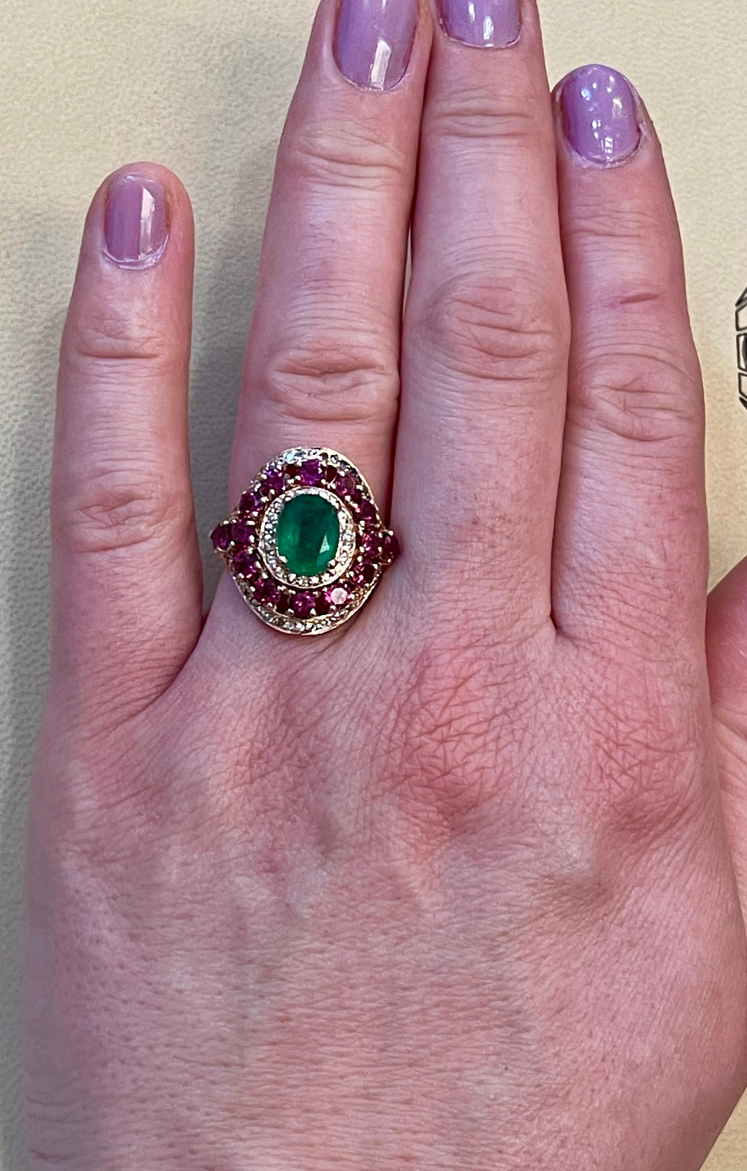 Emerald, Rubellite and Diamond Cocktail Ring in 14 Karat Rose Gold 13