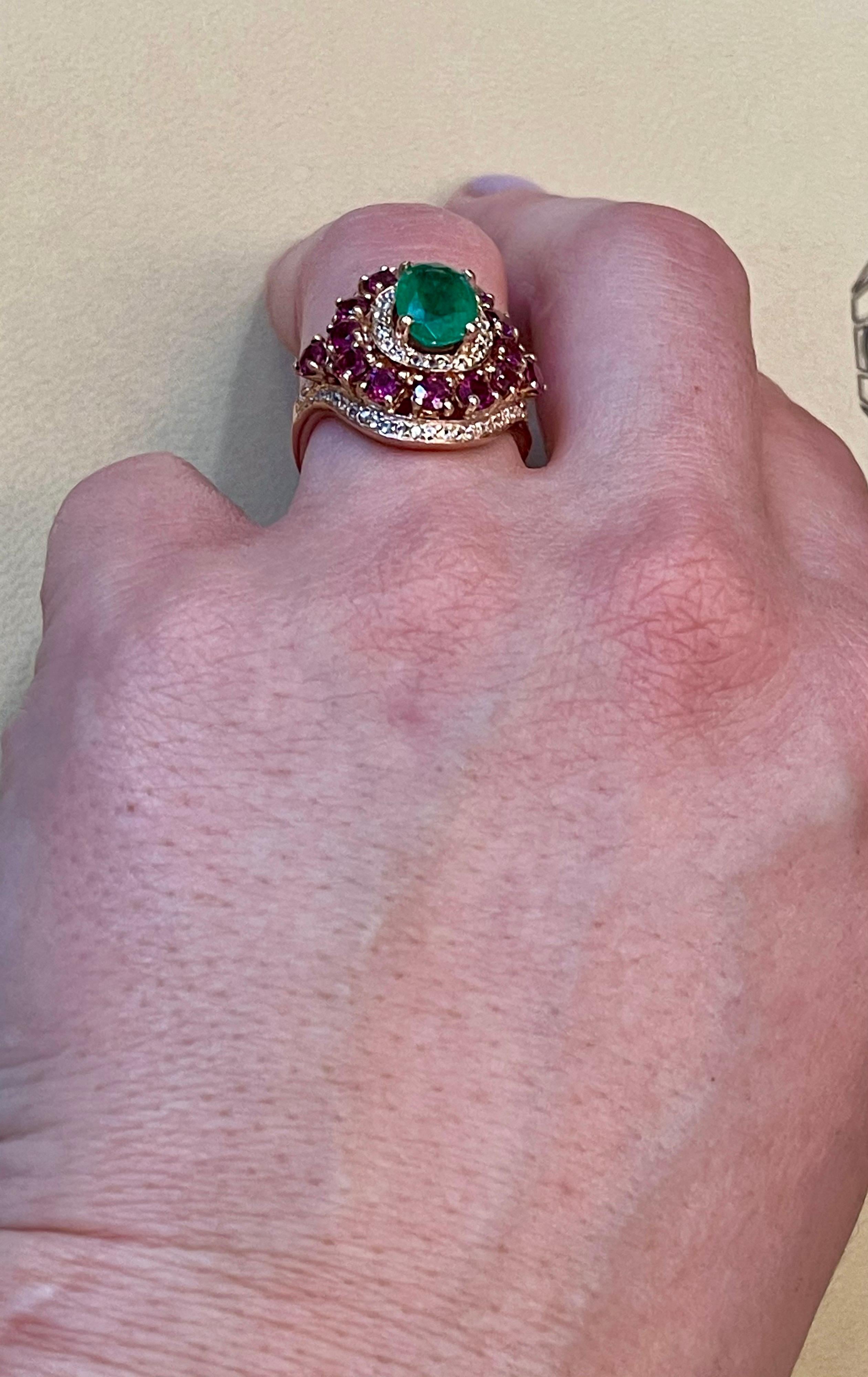 Emerald, Rubellite and Diamond Cocktail Ring in 14 Karat Rose Gold 14