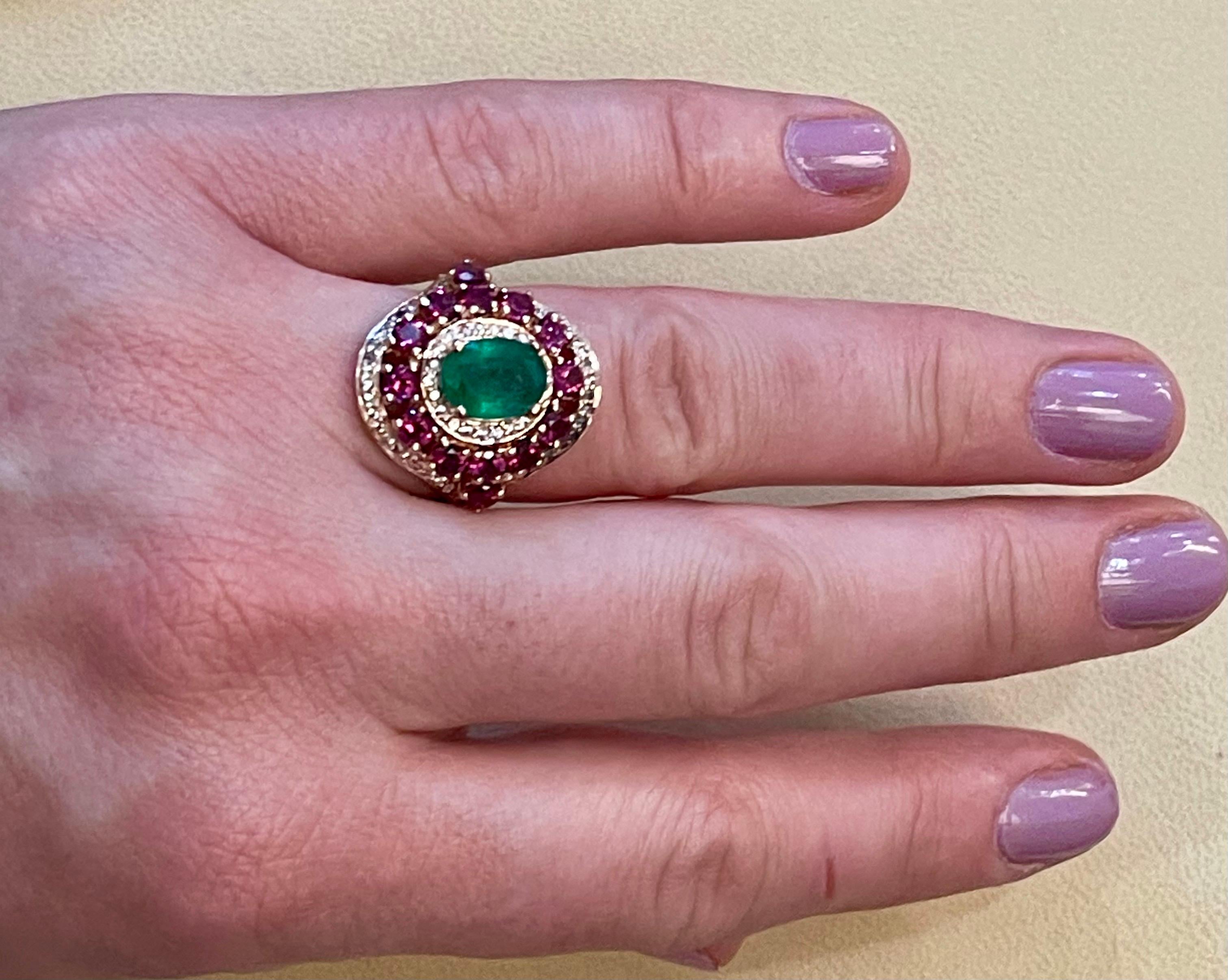 Emerald, Rubellite and Diamond Cocktail Ring in 14 Karat Rose Gold 15
