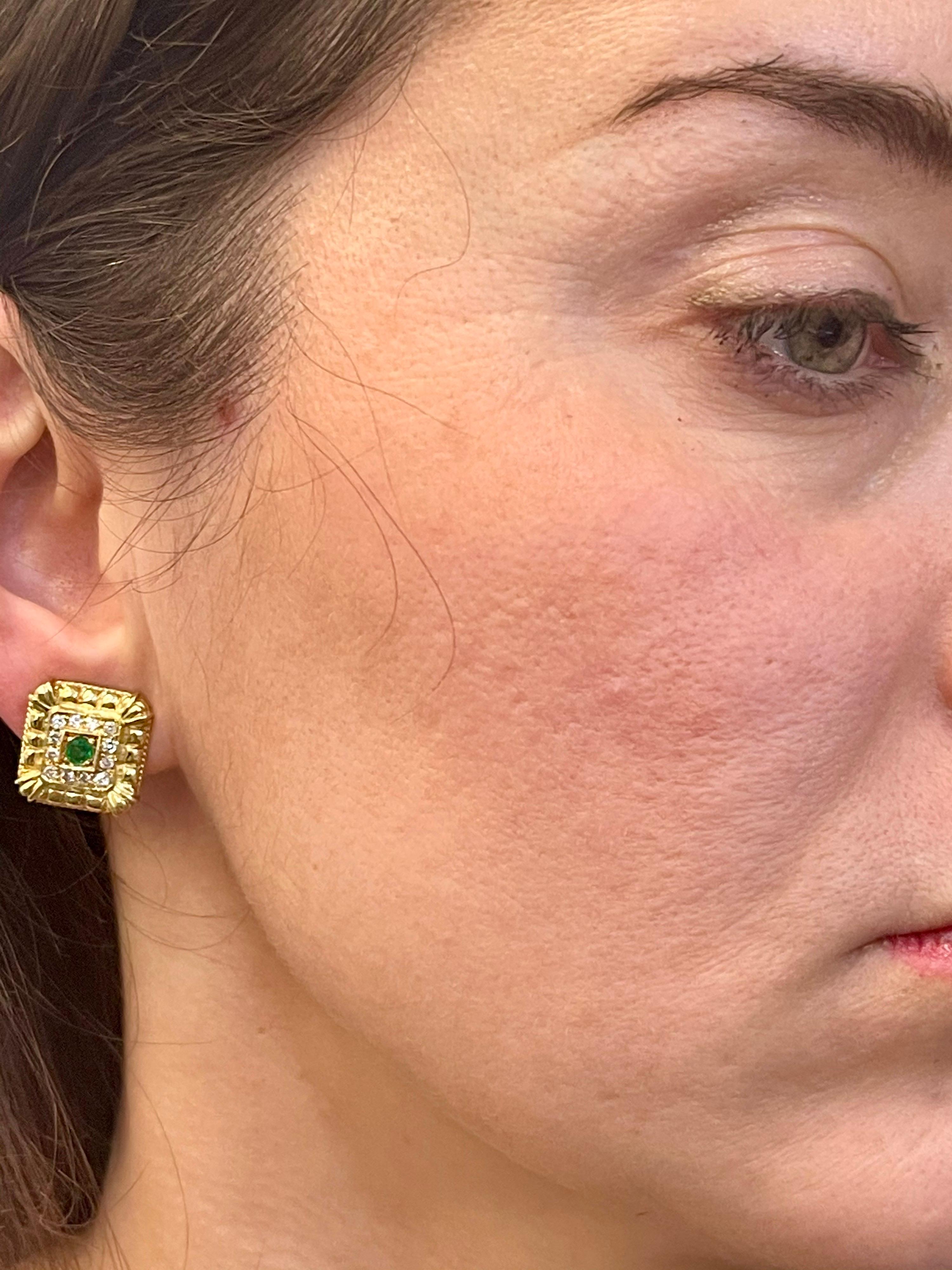 Emerald and Diamond Post and Omega Back Earrings 18 Karat Yellow Gold 5