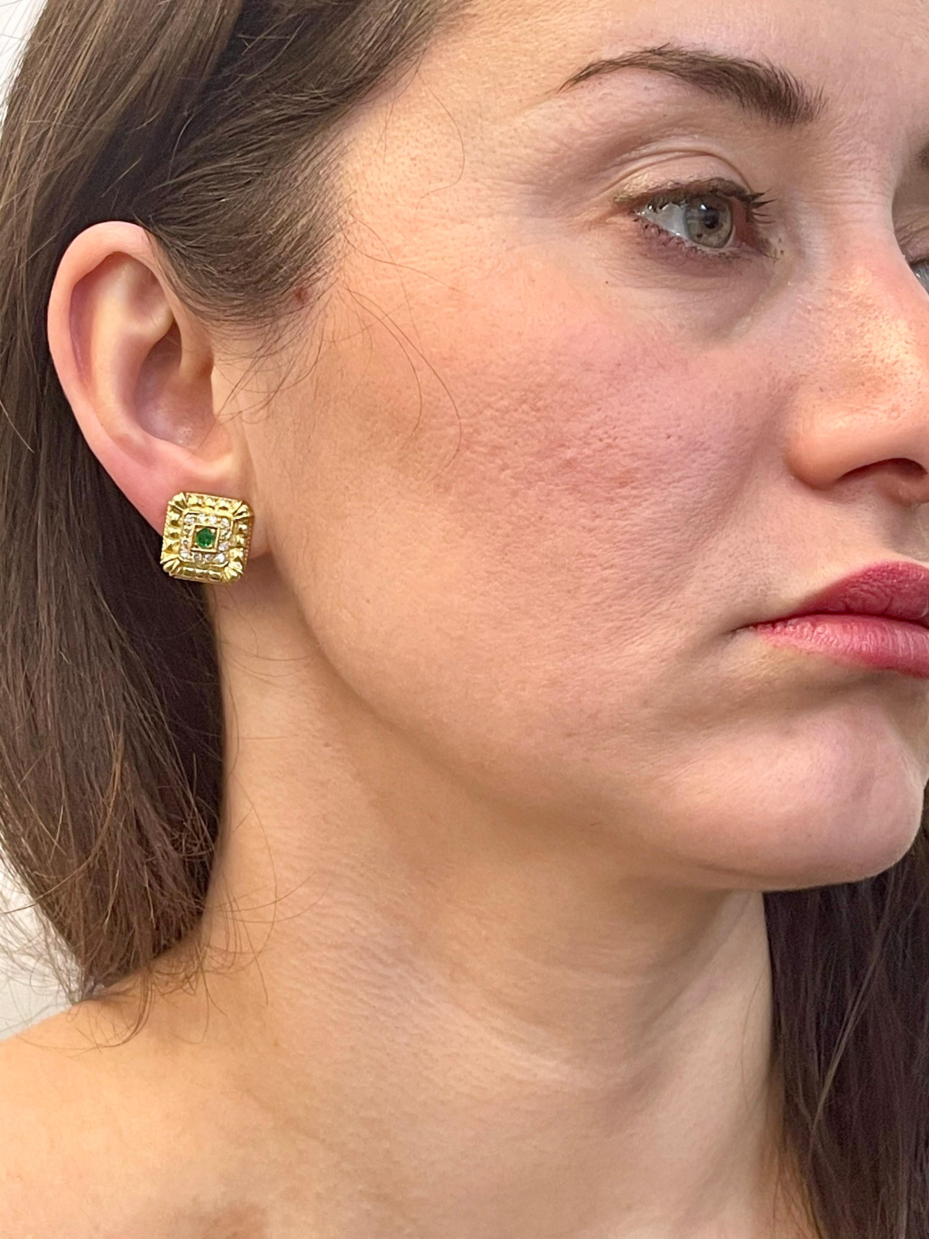 Emerald and Diamond Post and Omega Back Earrings 18 Karat Yellow Gold 6