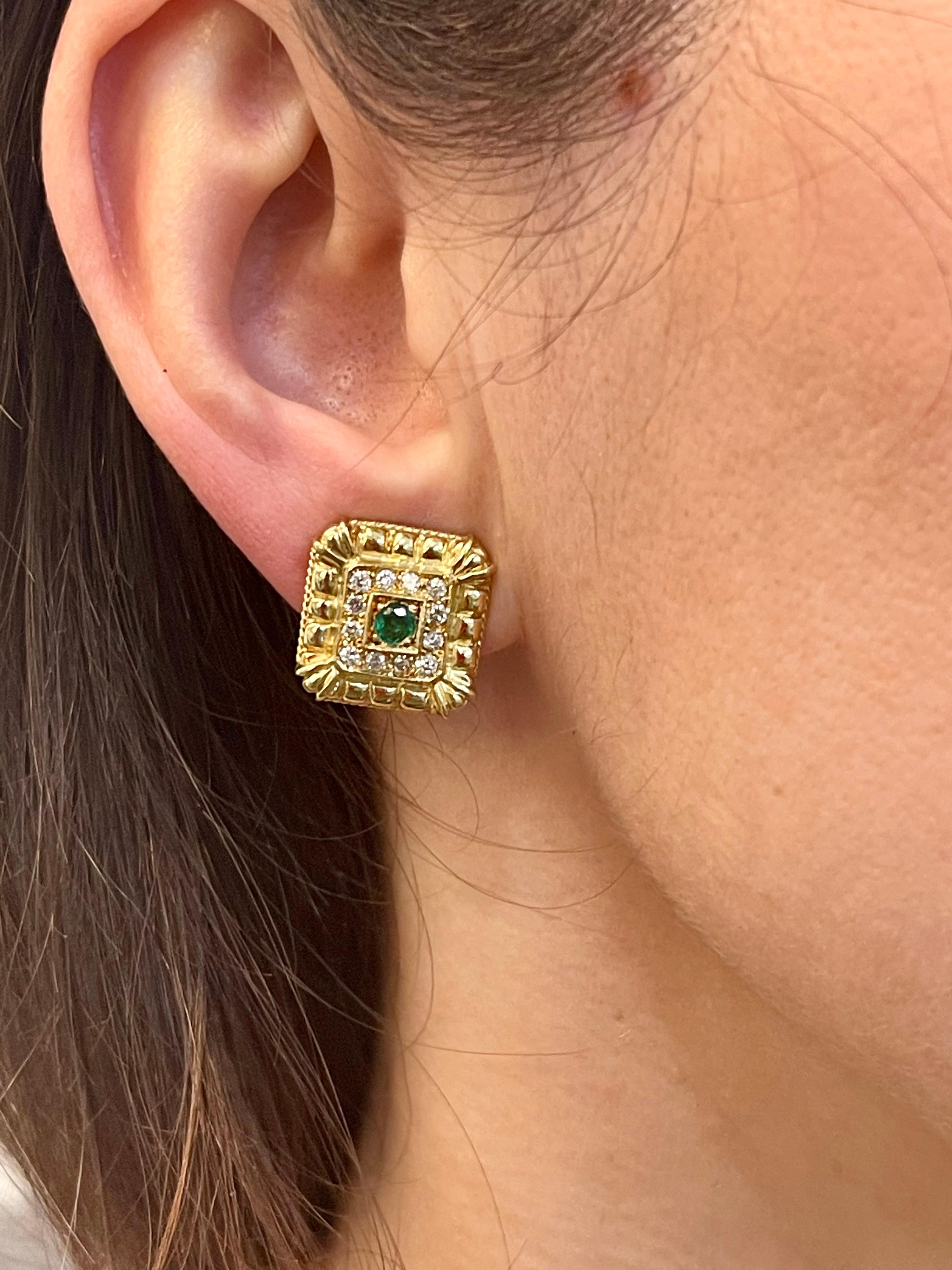 Emerald and Diamond Post and Omega Back Earrings 18 Karat Yellow Gold For Sale 7