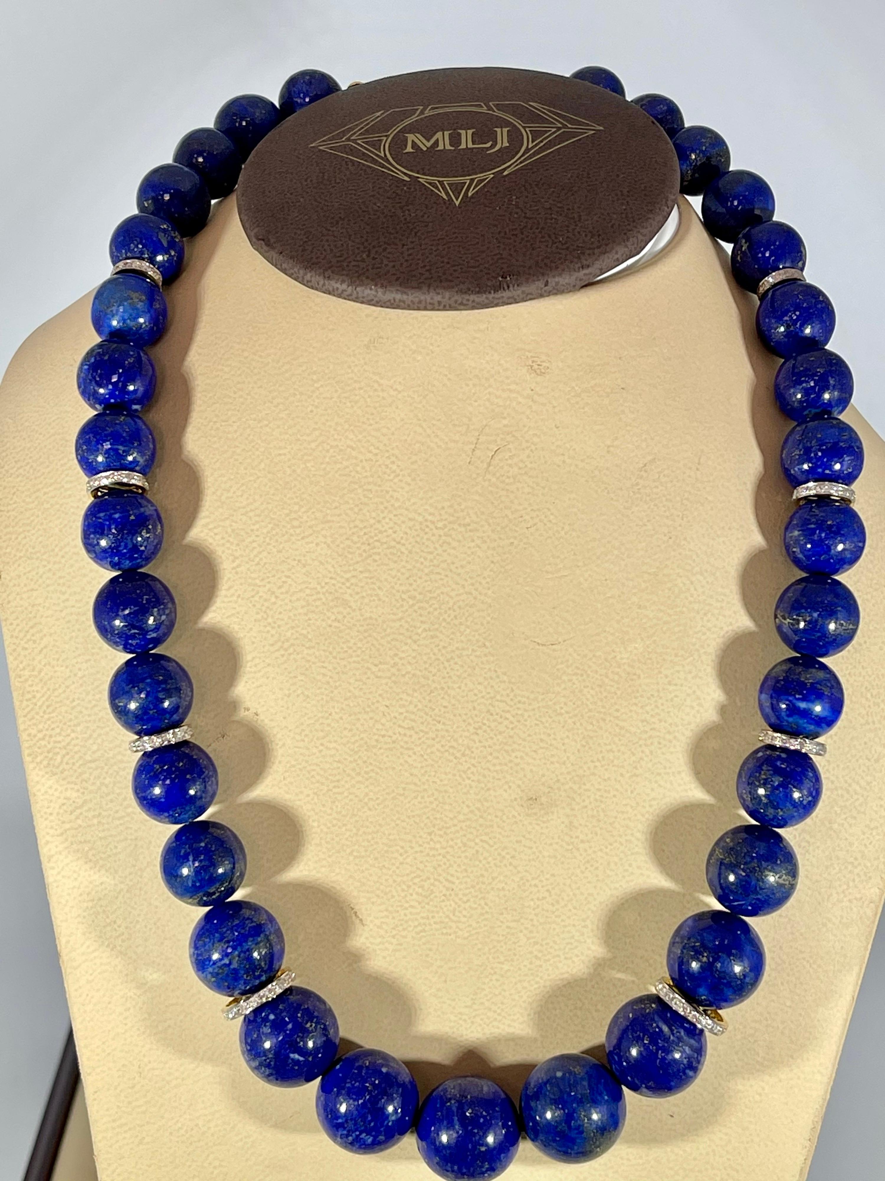 Vintage Lapis Lazuli Single Strand Necklace with Diamond & 14 Karat Yellow Gold 4
