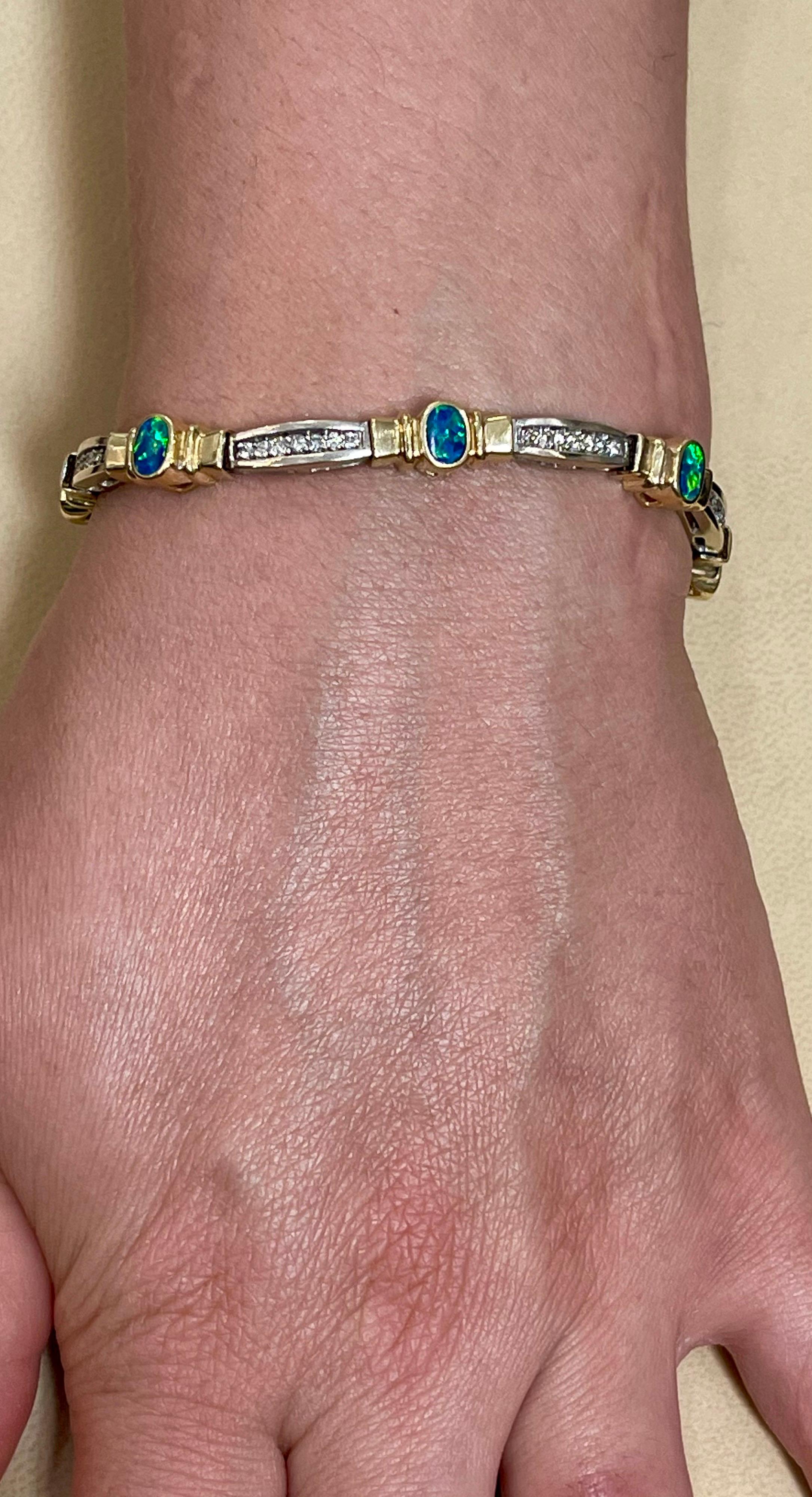 Natürliches Opal- und Diamant-Tennisarmband 14 Karat zweifarbiges Gold im Angebot 9