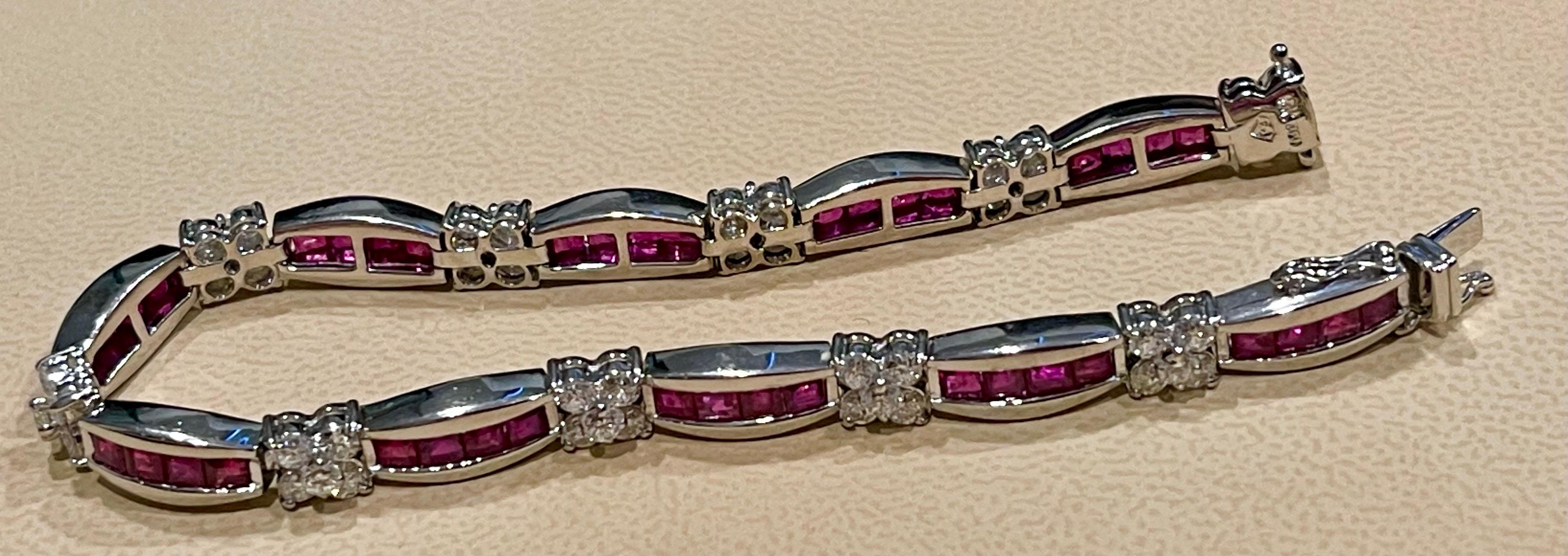 Princess Cut Natural Ruby and 2.5 Carat Diamond Flower Bracelet in 18 Karat Gold 3