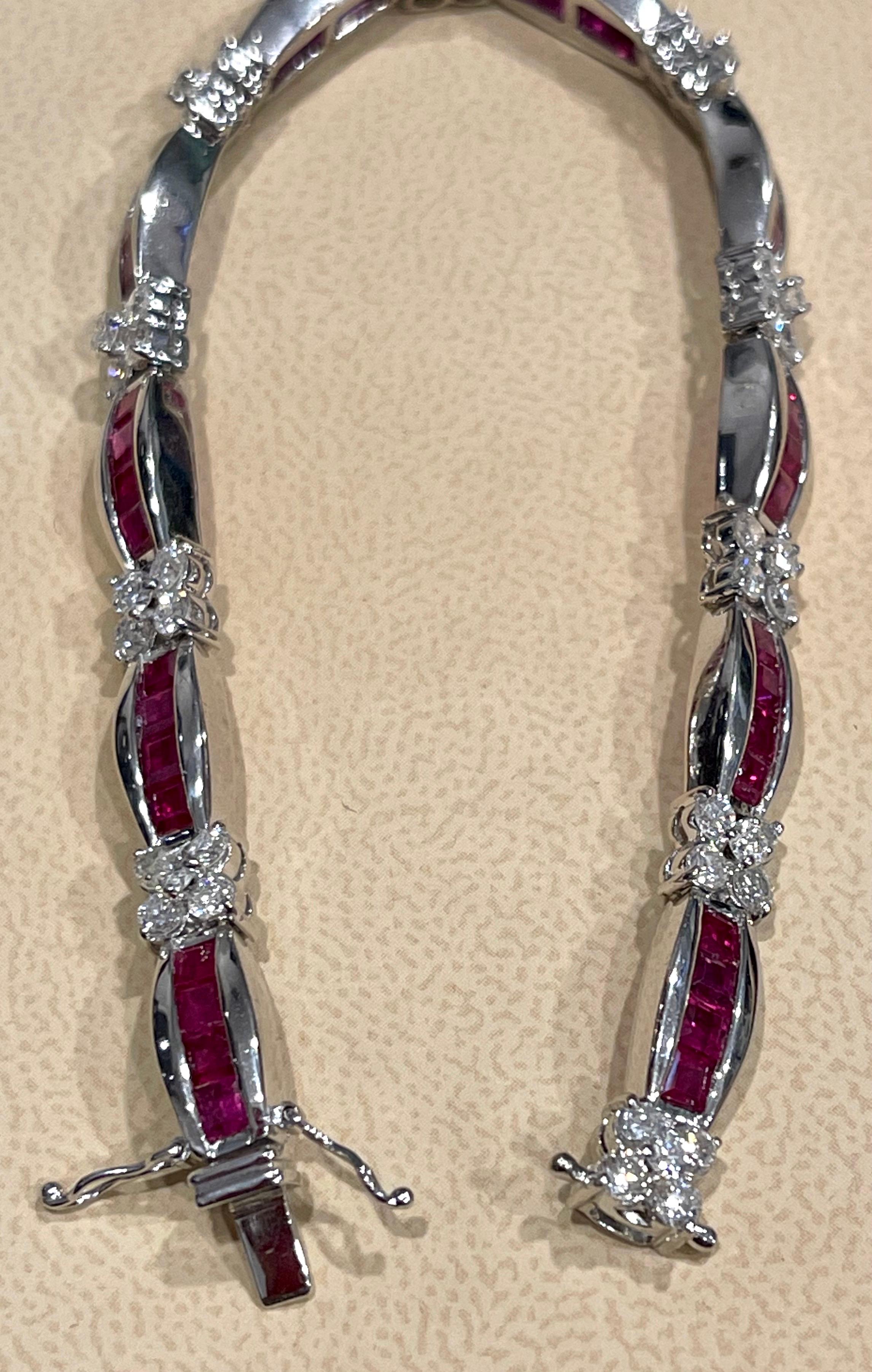 Princess Cut Natural Ruby and 2.5 Carat Diamond Flower Bracelet in 18 Karat Gold 1