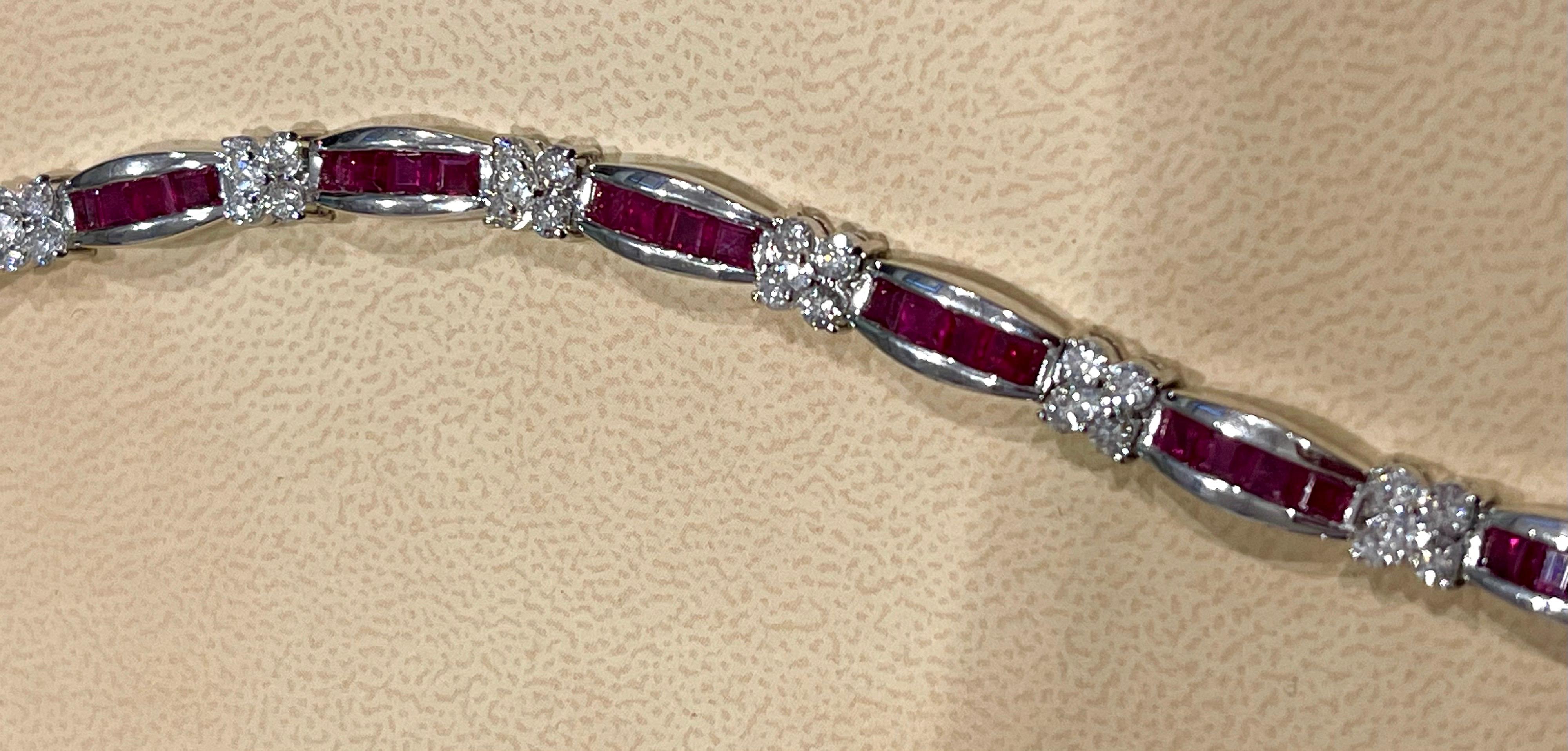 Princess Cut Natural Ruby and 2.5 Carat Diamond Flower Bracelet in 18 Karat Gold 4