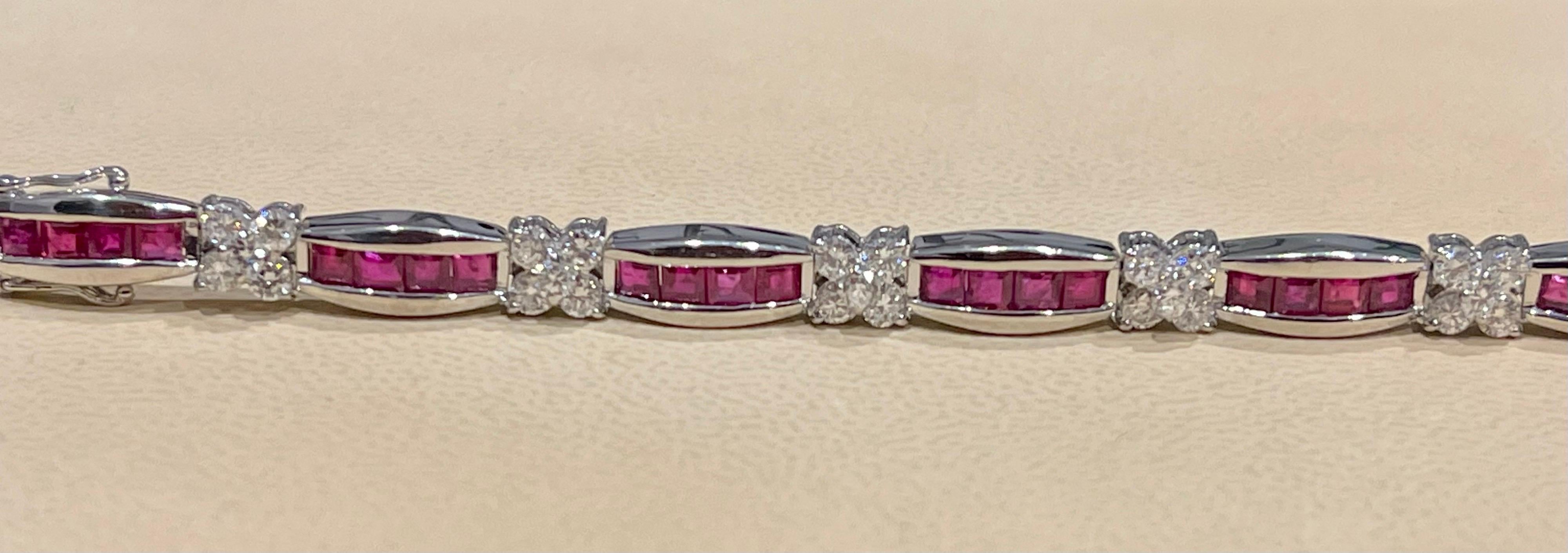 Princess Cut Natural Ruby and 2.5 Carat Diamond Flower Bracelet in 18 Karat Gold 5