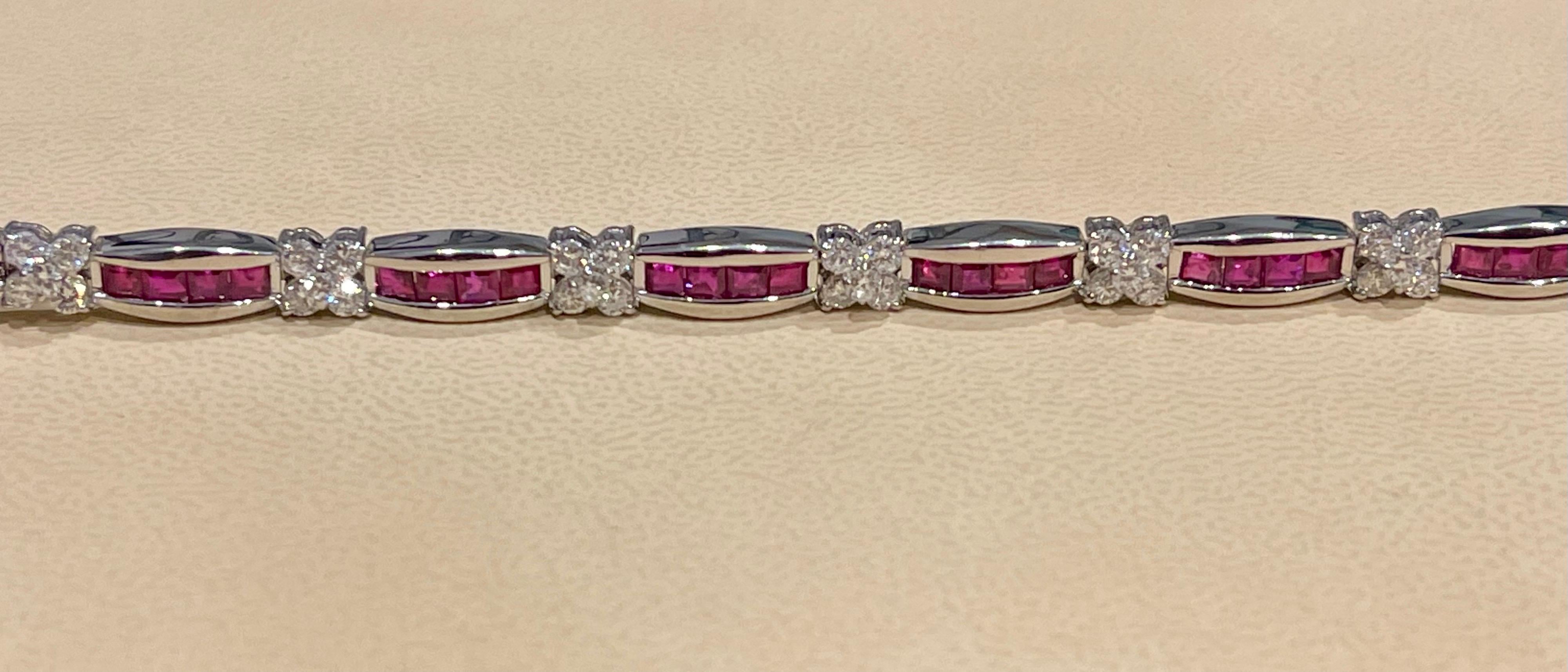 Princess Cut Natural Ruby and 2.5 Carat Diamond Flower Bracelet in 18 Karat Gold 7