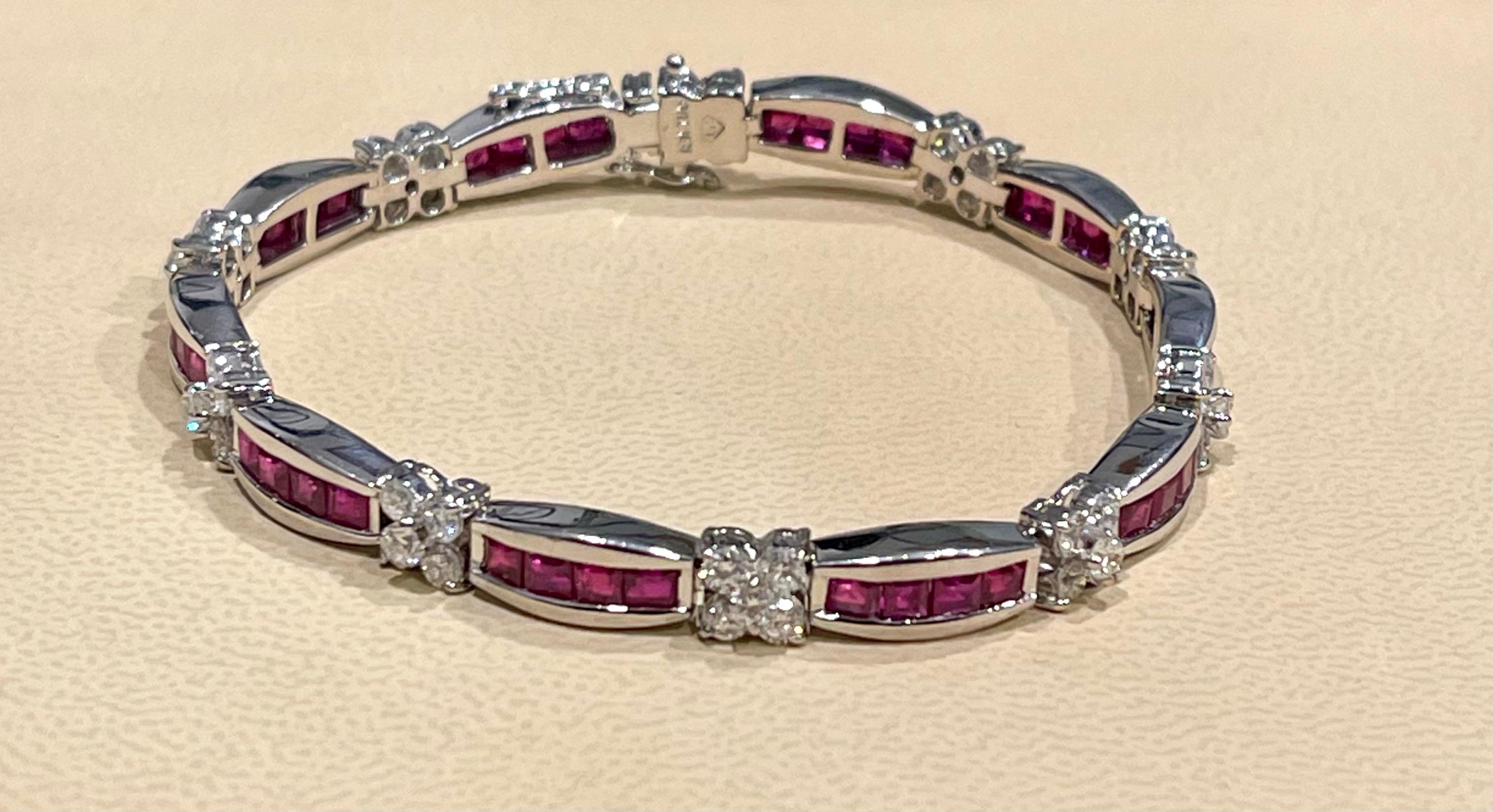 Princess Cut Natural Ruby and 2.5 Carat Diamond Flower Bracelet in 18 Karat Gold 8