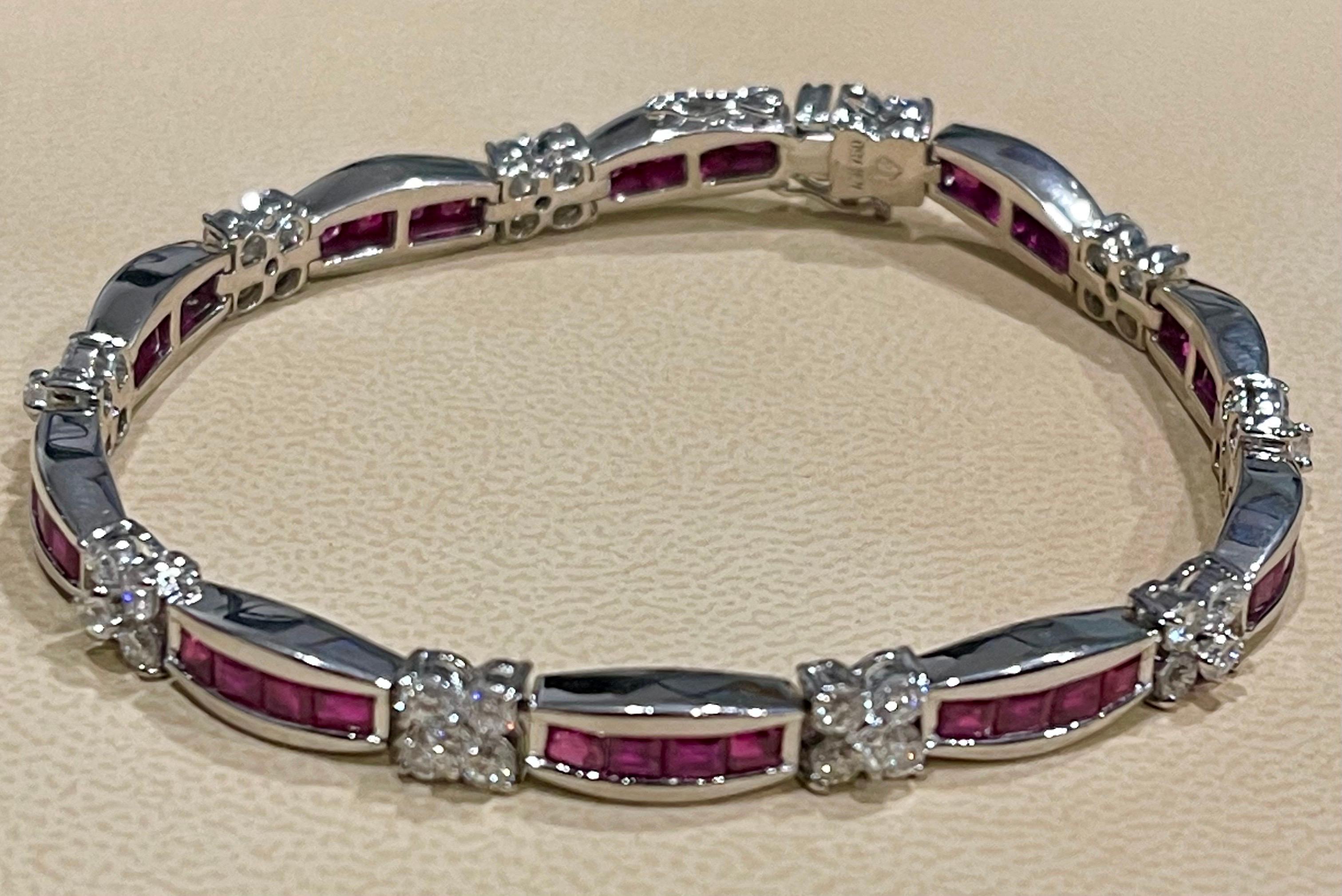 Princess Cut Natural Ruby and 2.5 Carat Diamond Flower Bracelet in 18 Karat Gold 10