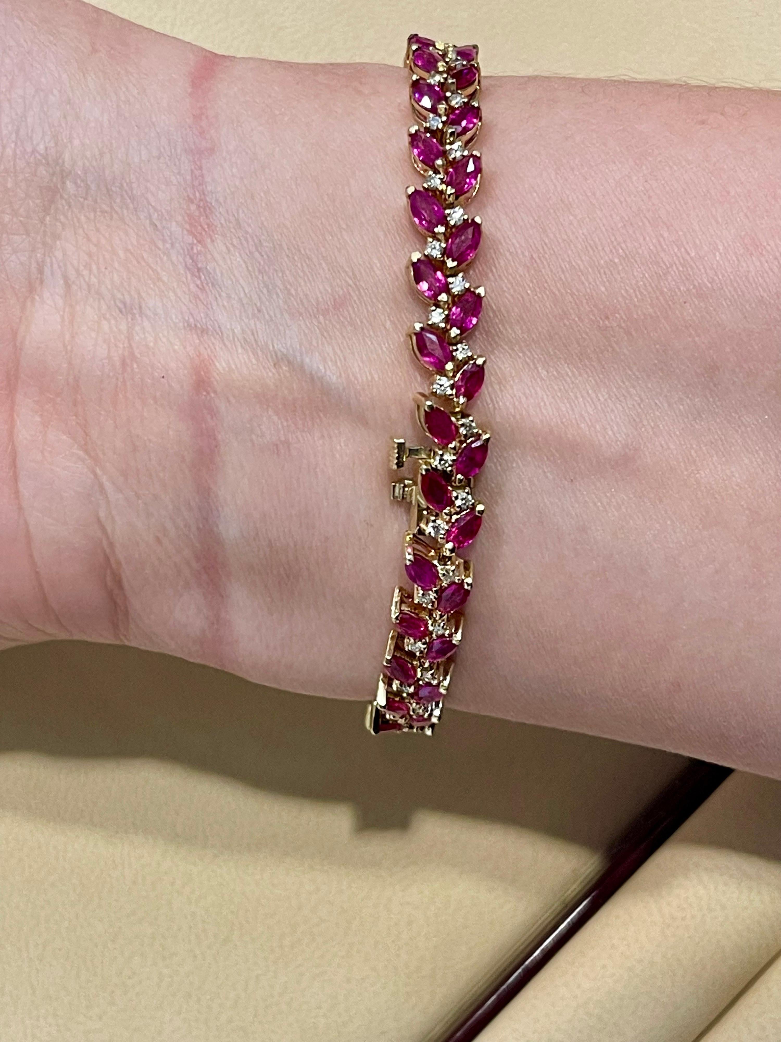 12 Carat Natural Marquise Ruby and Diamond Tennis Bracelet 14 Karat Yellow Gold For Sale 1