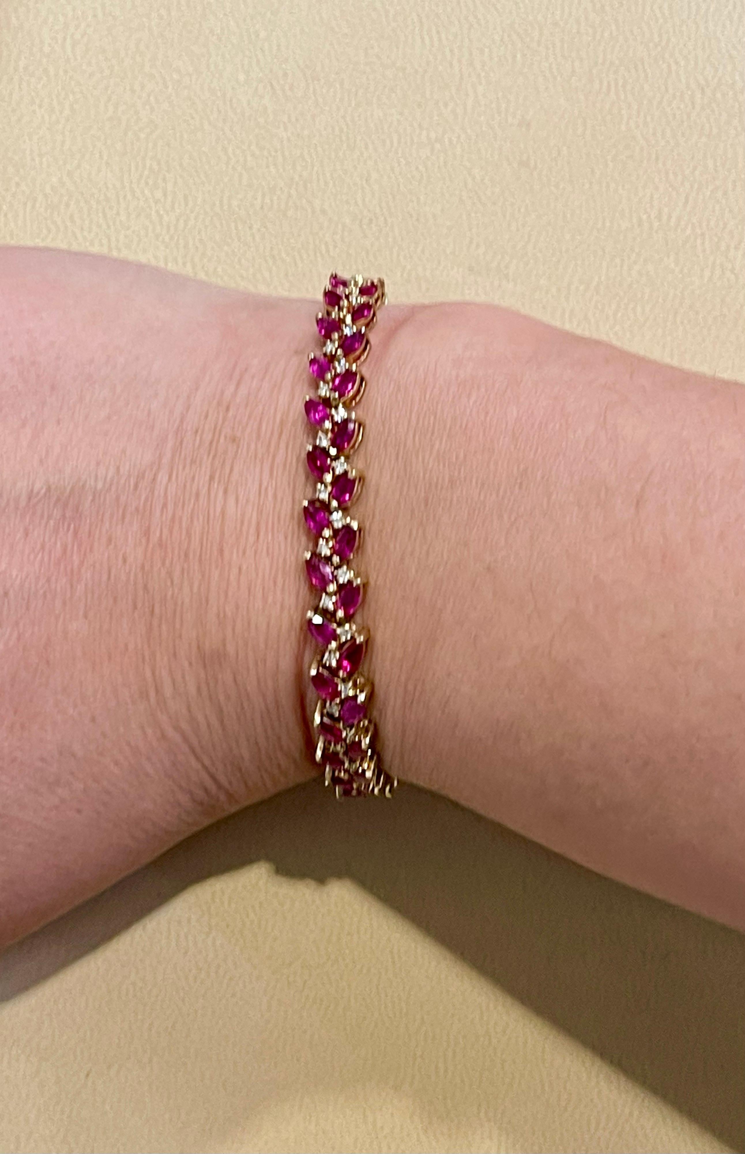 12 Carat Natural Marquise Ruby and Diamond Tennis Bracelet 14 Karat Yellow Gold For Sale 4