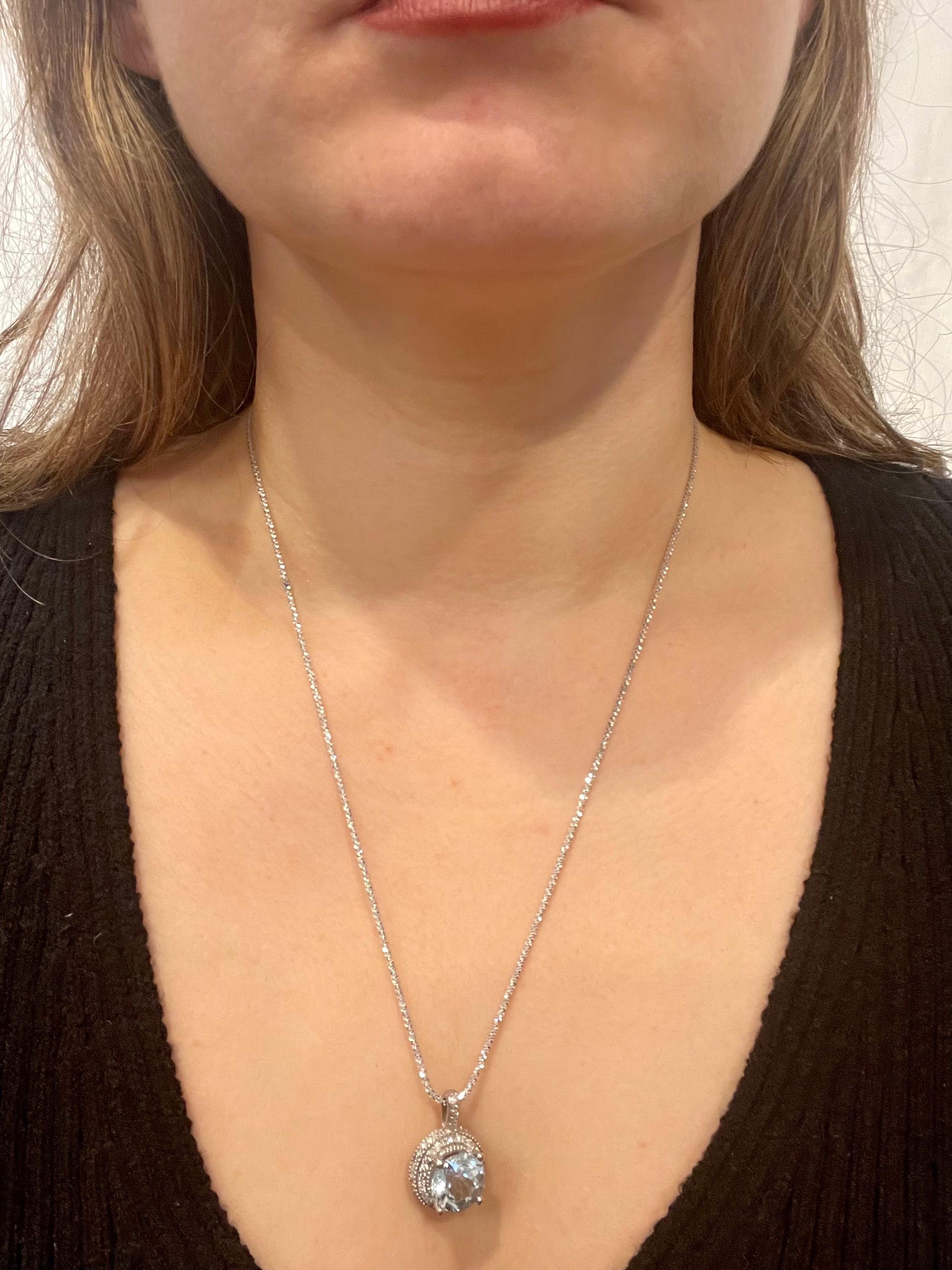 5.66 Carat Aquamarine and 1 Carat Diamond Pendant / Necklace 14 Karat White Gold 10