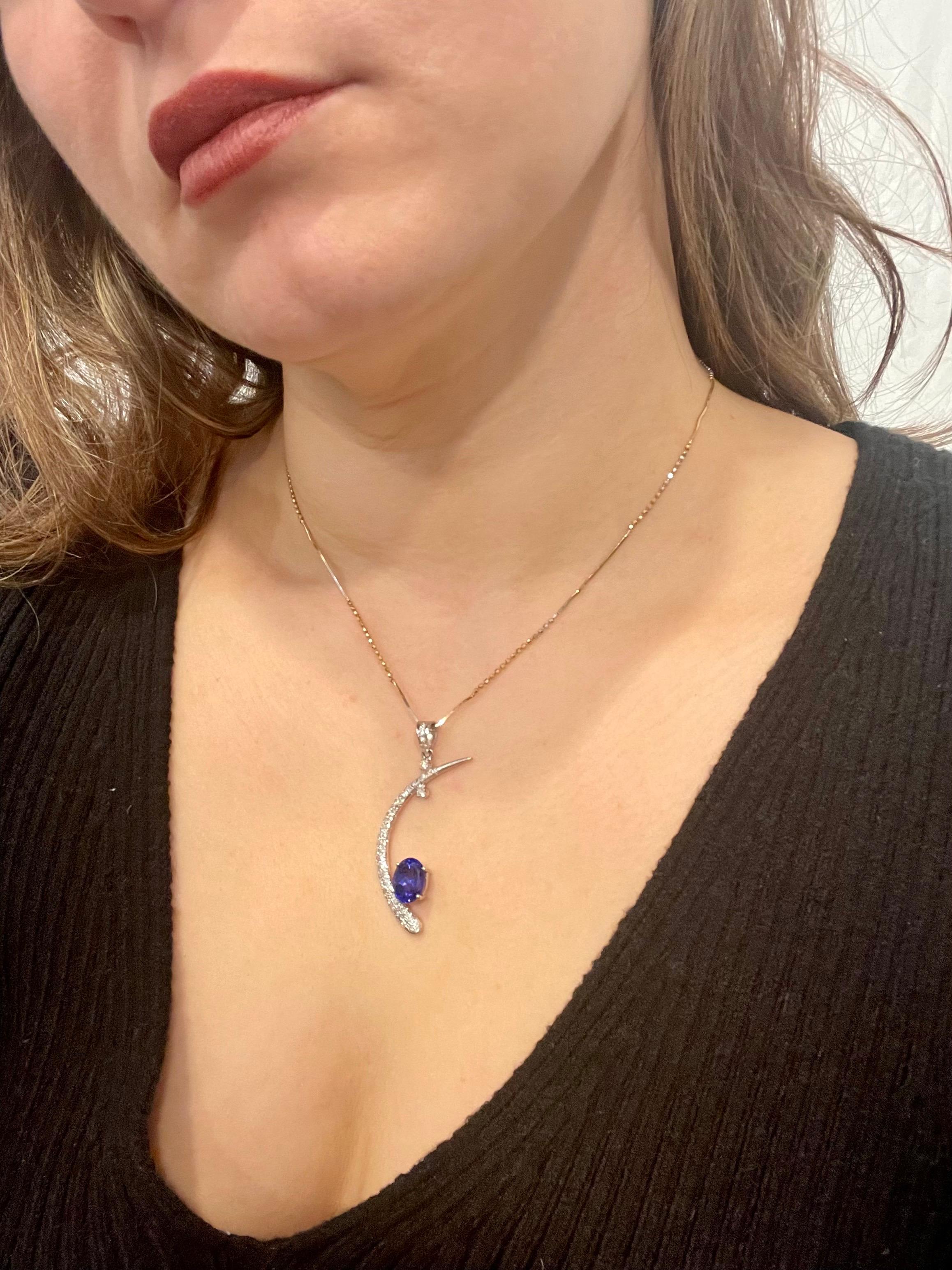 5 Carat Tanzanite and 1.2 Ct Diamond Half Moon Pendant or Necklace 18 Karat Gold 5