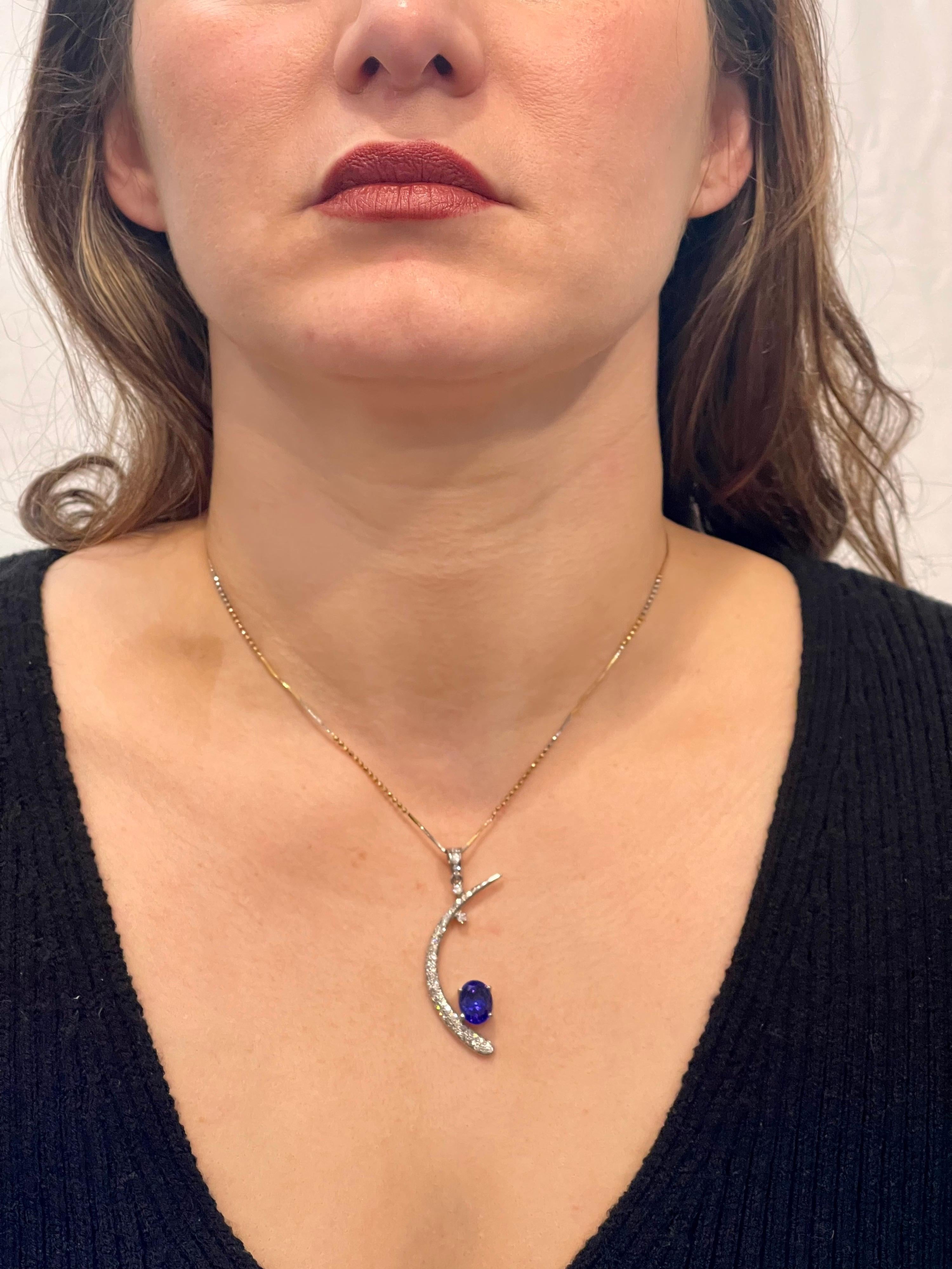 5 Carat Tanzanite and 1.2 Ct Diamond Half Moon Pendant or Necklace 18 Karat Gold 8