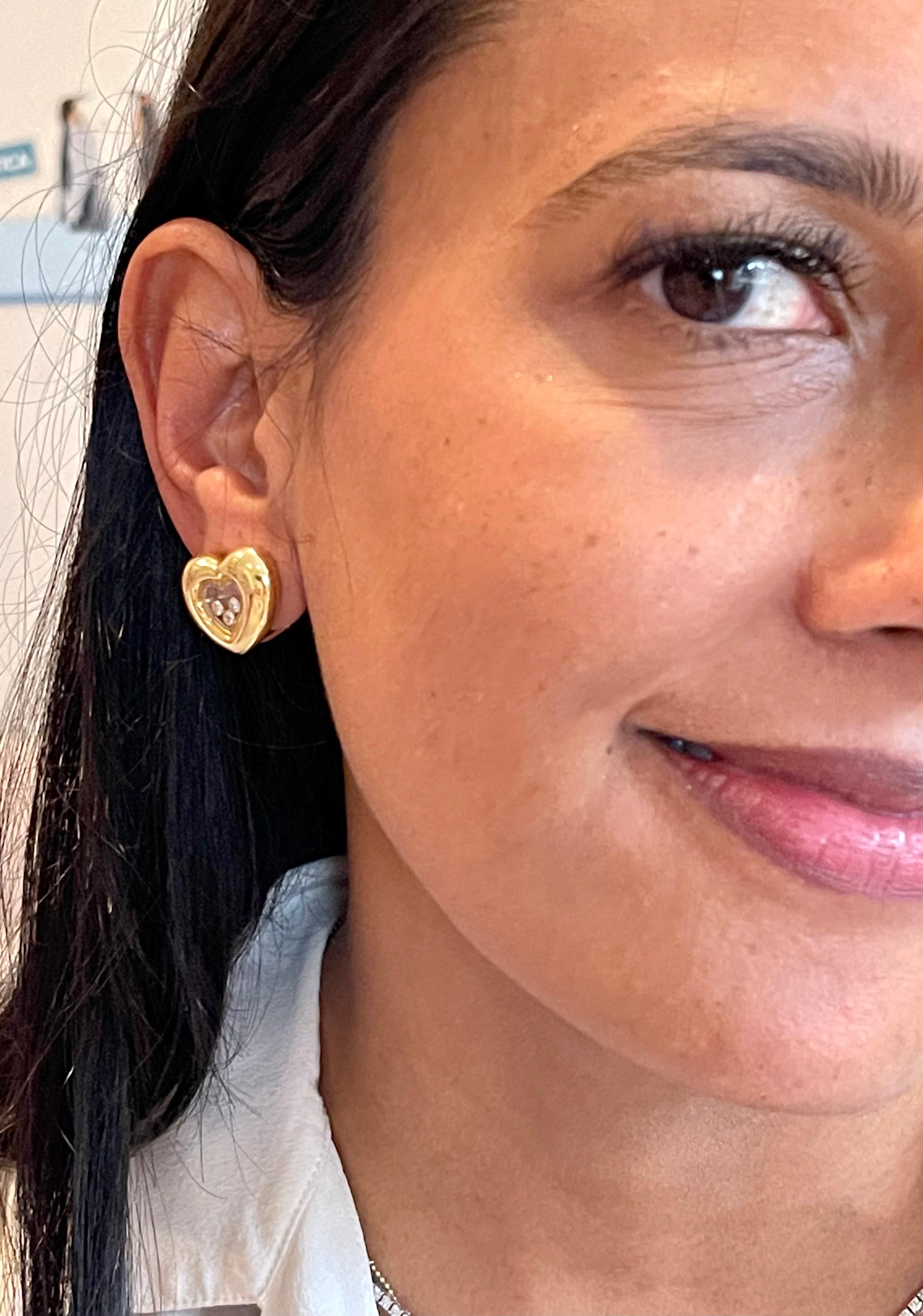 Women's Chopard Happy Floating Diamonds Heart Clip On 18 Karat Yellow Gold Earrings For Sale