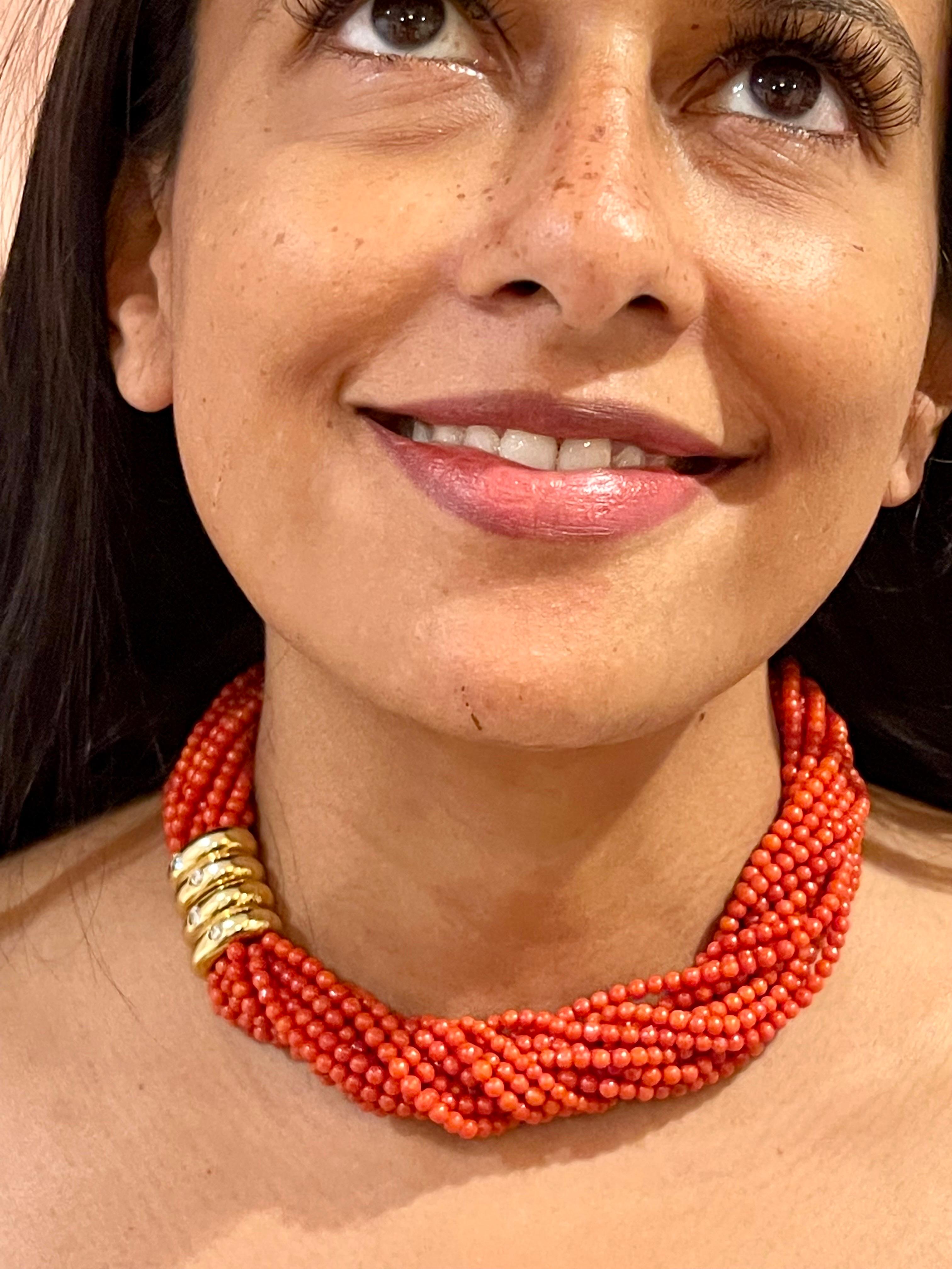 Vintage Natural Coral Multi Layer Beads 16 Strand Two Necklaces 18 KY Gold For Sale 1