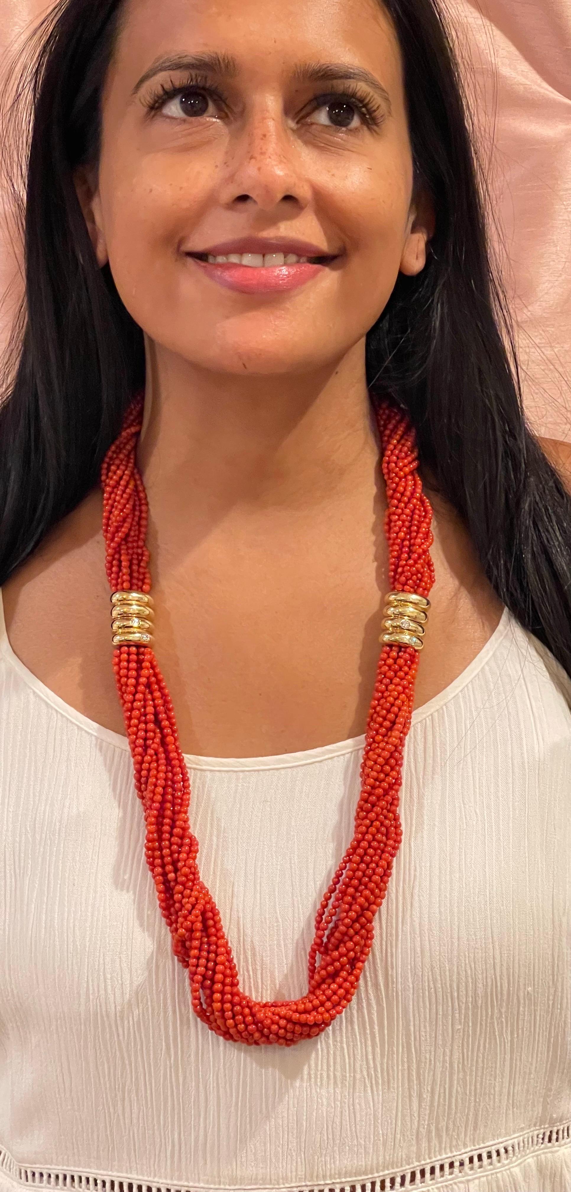 Vintage Natural Coral Multi Layer Beads 16 Strand Two Necklaces 18 KY Gold For Sale 13