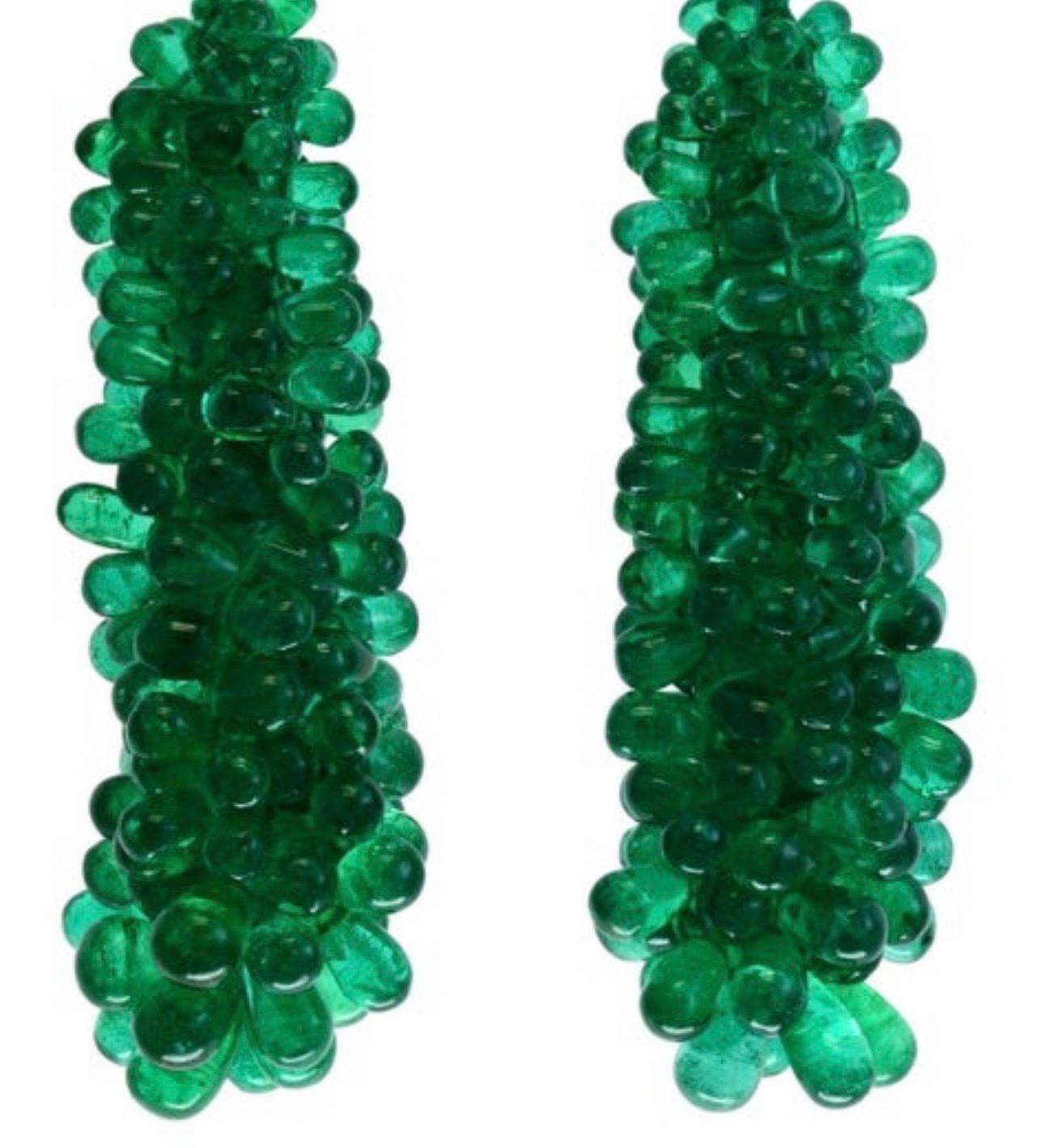 Briolette Cut 89 Carat Colombian Emerald Briolettes & Diamond Hanging Drop Earrings 18 Kt Gold For Sale