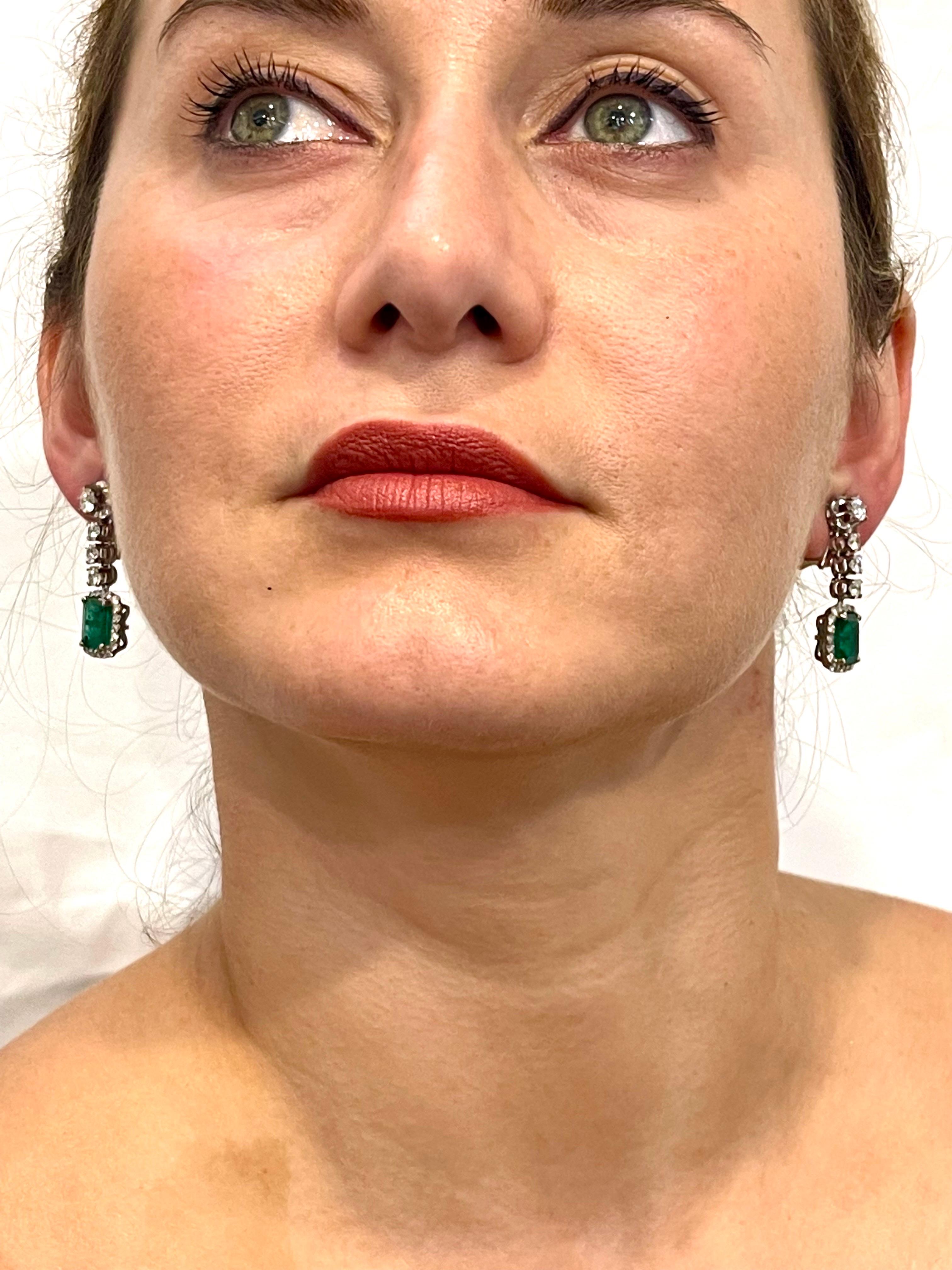 Women's Vintage 8 Ct Zambian Emerald Cut Emerald & 4 Ct Diamond Dangling Earrings 18KWG For Sale