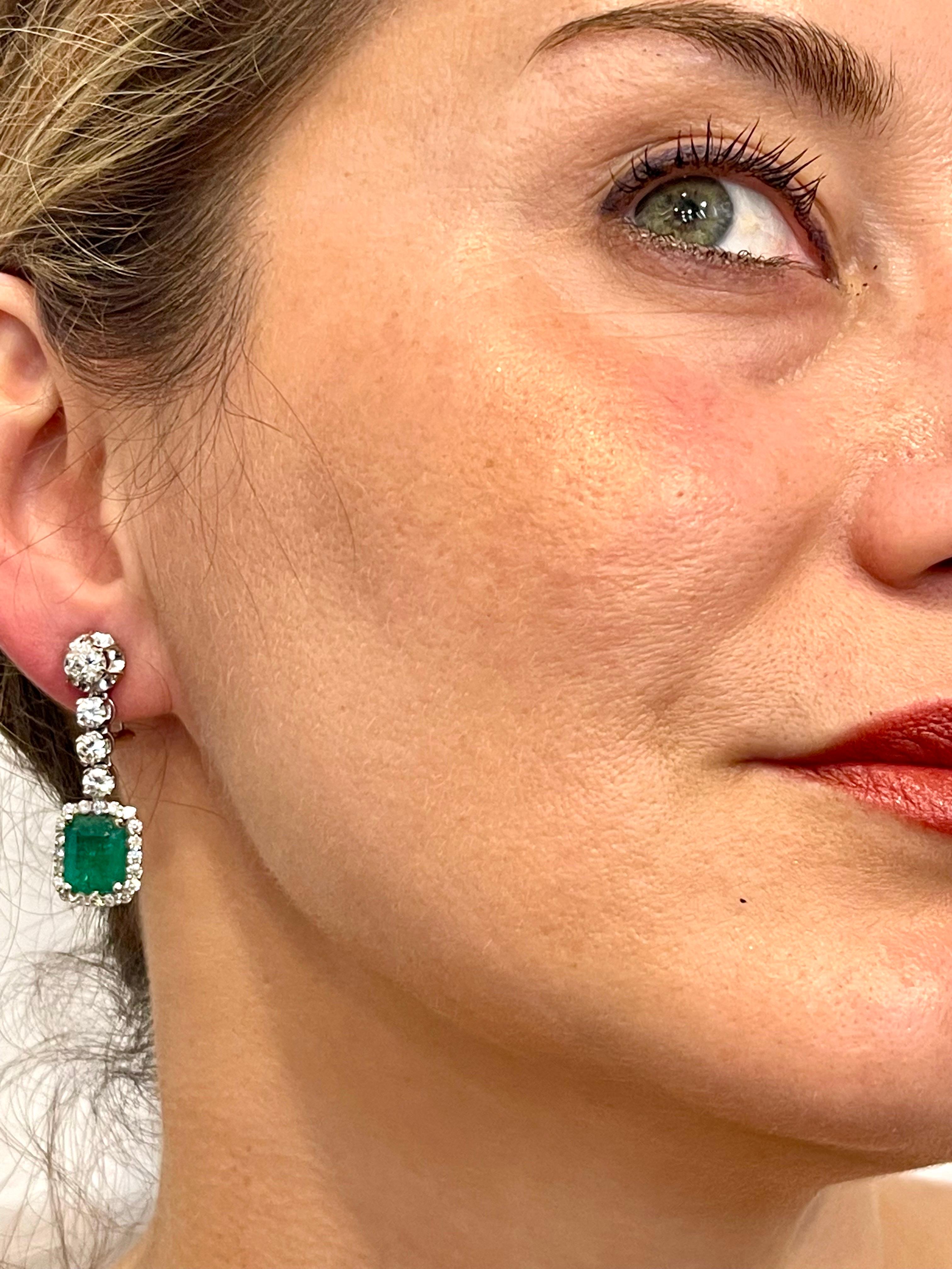 Vintage 8 Ct Zambian Emerald Cut Emerald & 4 Ct Diamond Dangling Earrings 18KWG For Sale 3
