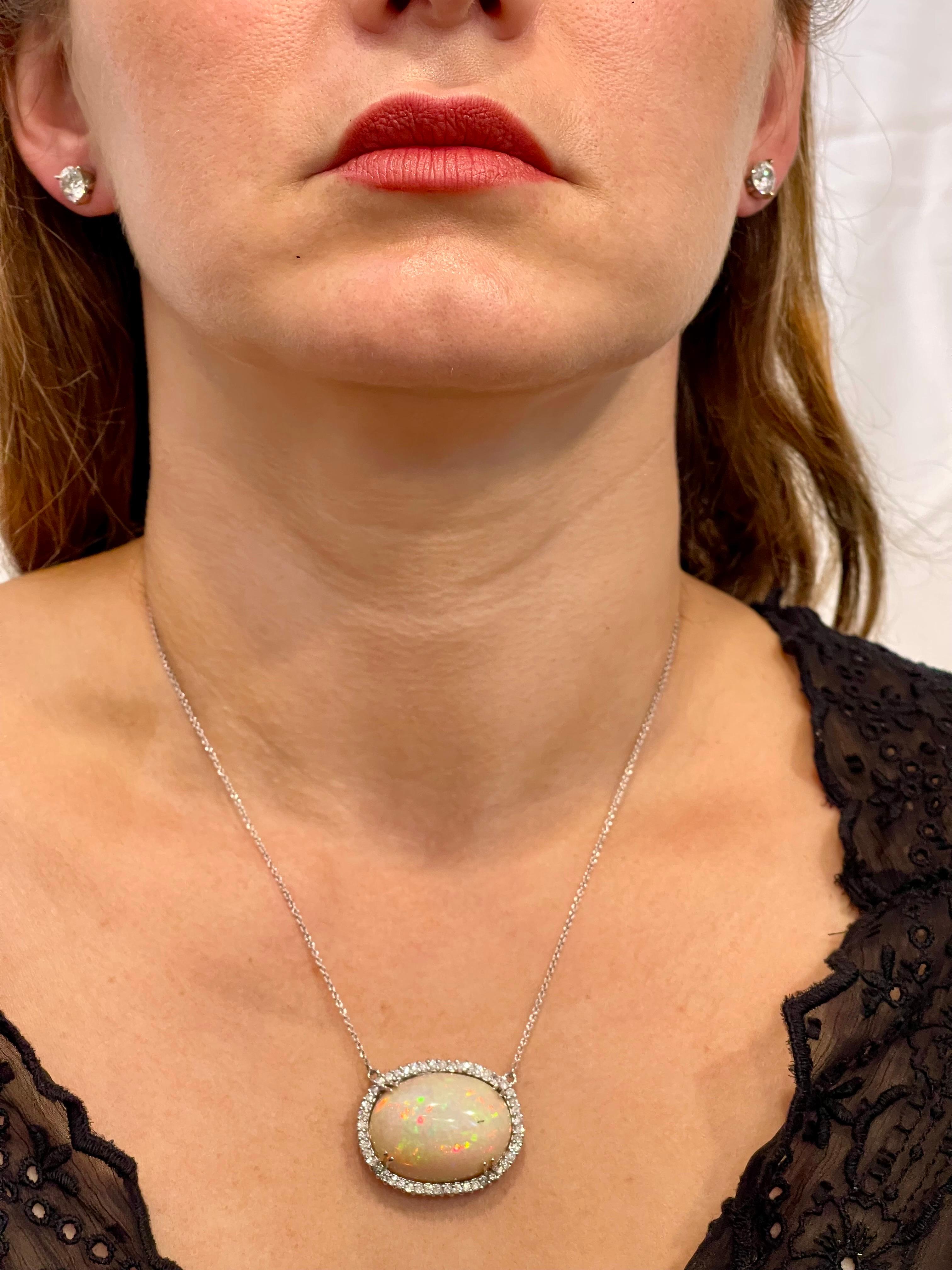 42 Carat Oval Ethiopian Opal & Diamond Pendant 14 Karat White Gold Necklace For Sale 2