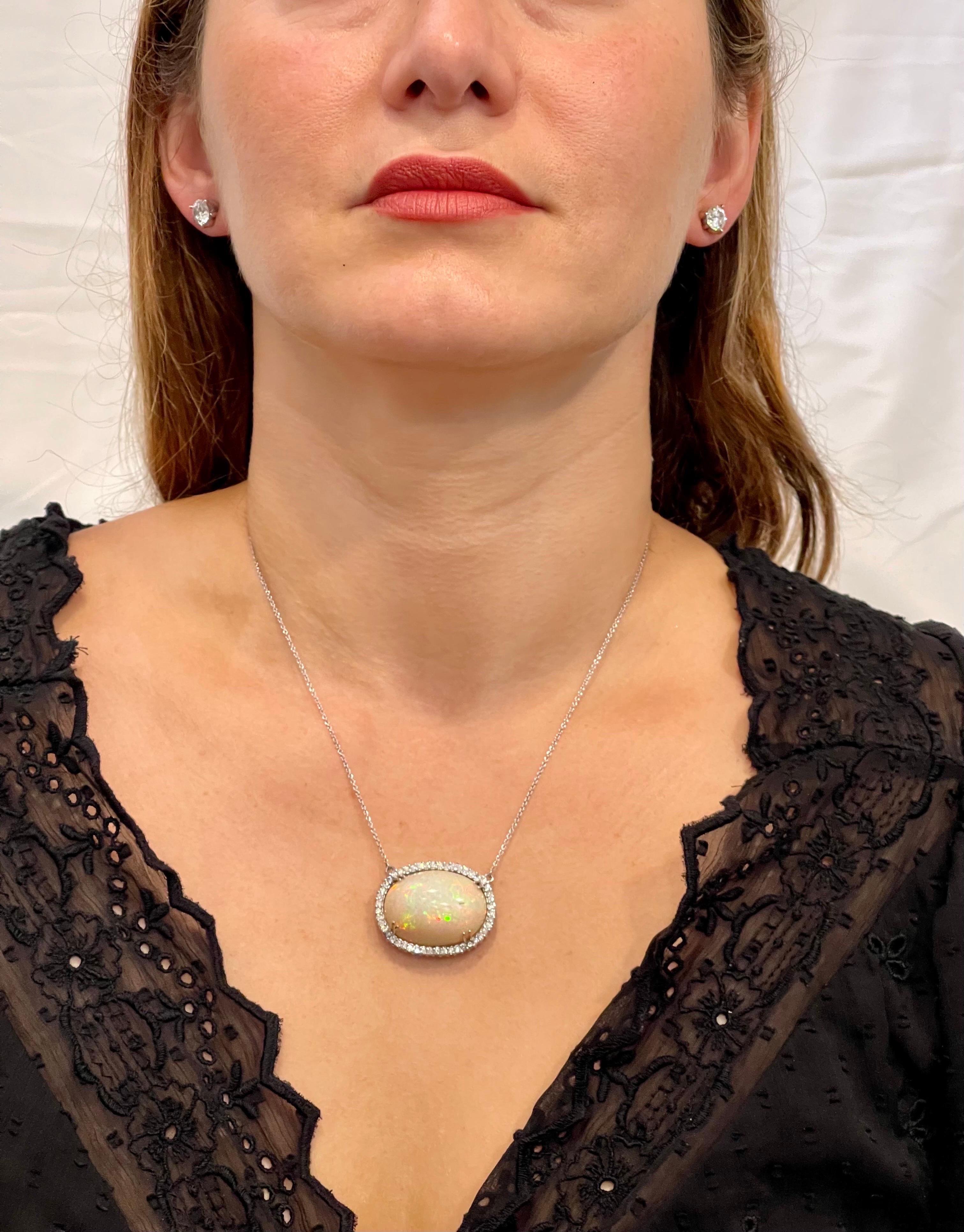 42 Carat Oval Ethiopian Opal & Diamond Pendant 14 Karat White Gold Necklace For Sale 3