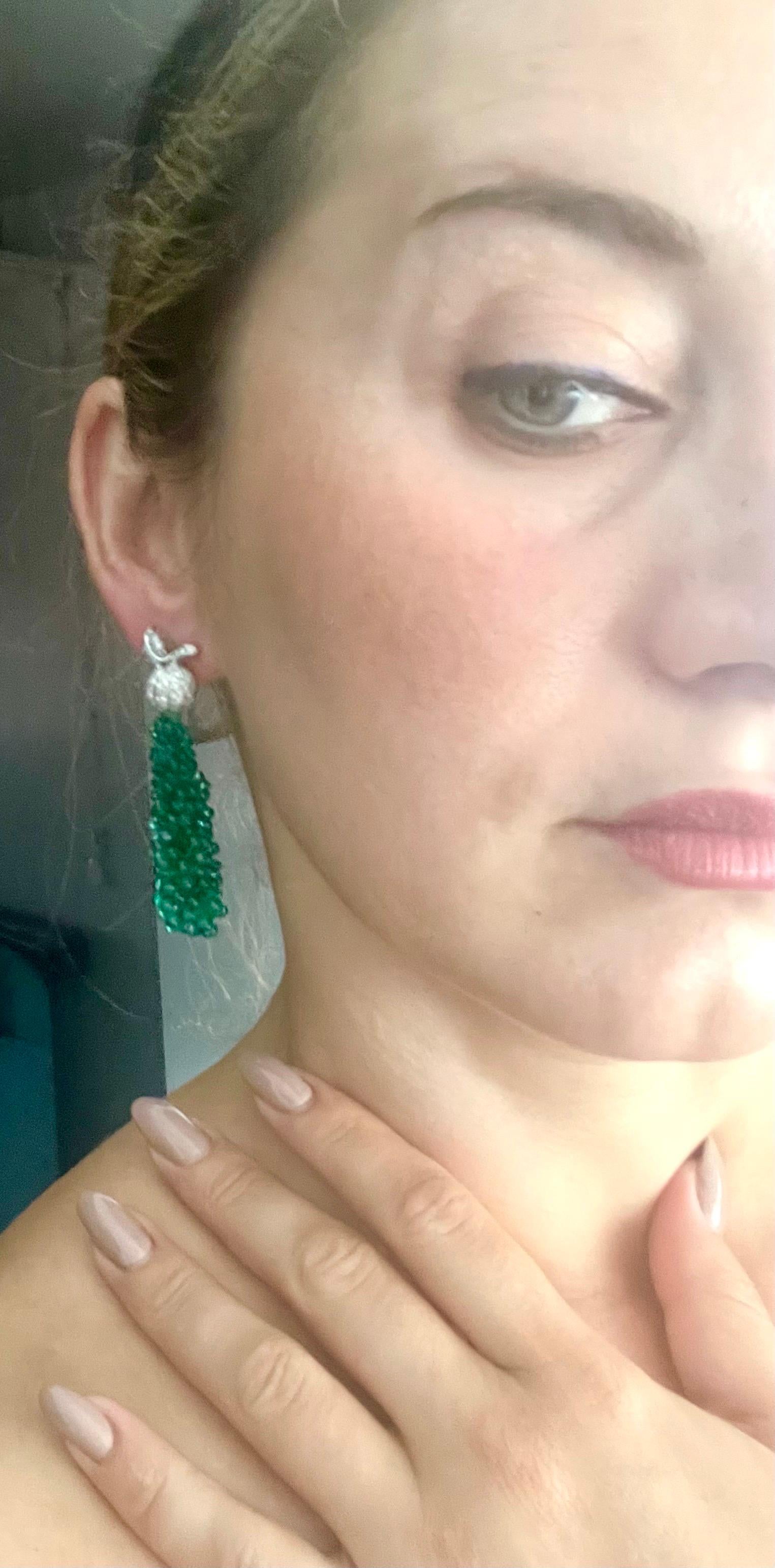 89 Carat Colombian Emerald Briolettes & Diamond Hanging Drop Earrings 18 Kt Gold For Sale 1