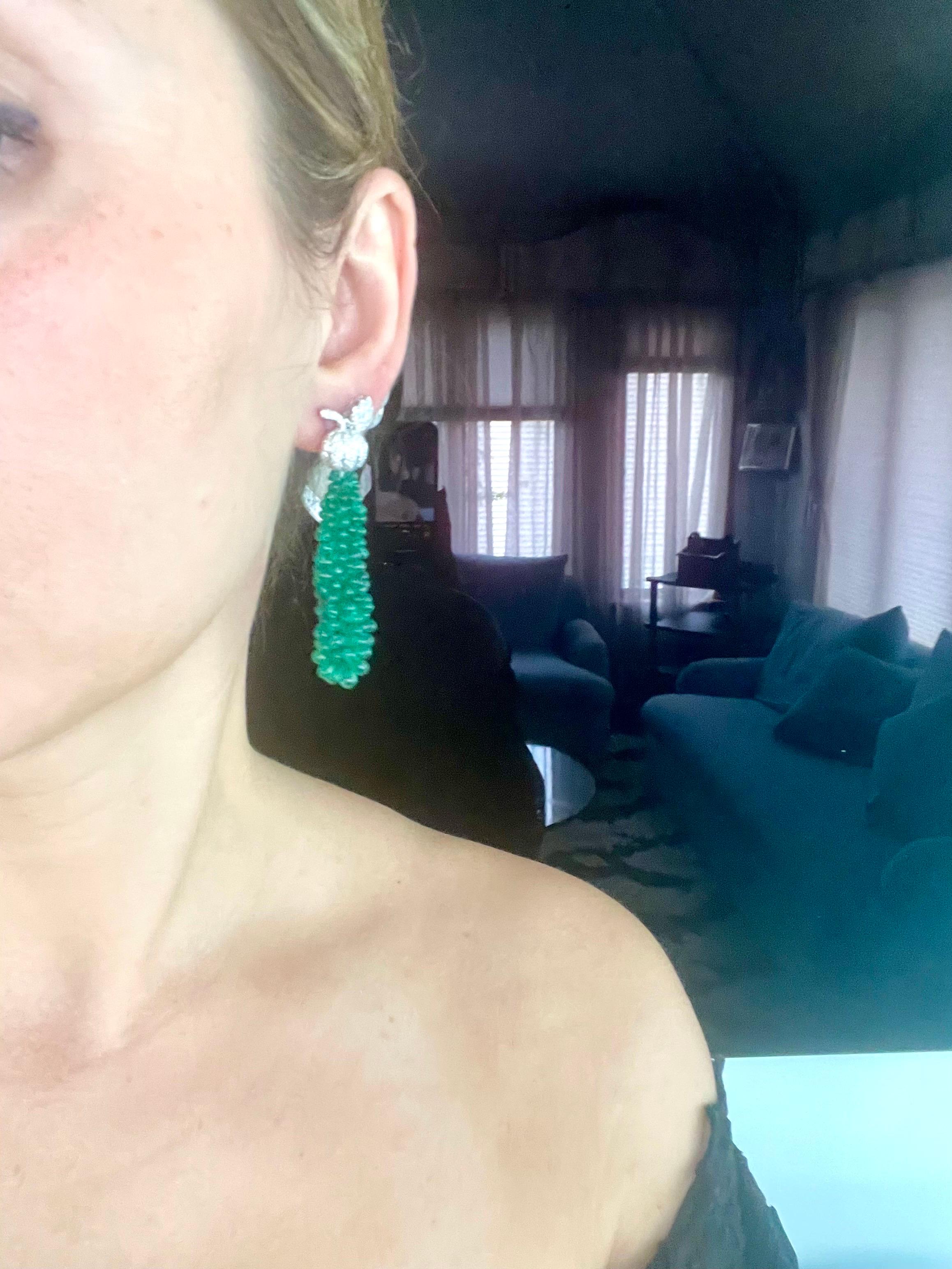 89 Carat Colombian Emerald Briolettes & Diamond Hanging Drop Earrings 18 Kt Gold For Sale 2