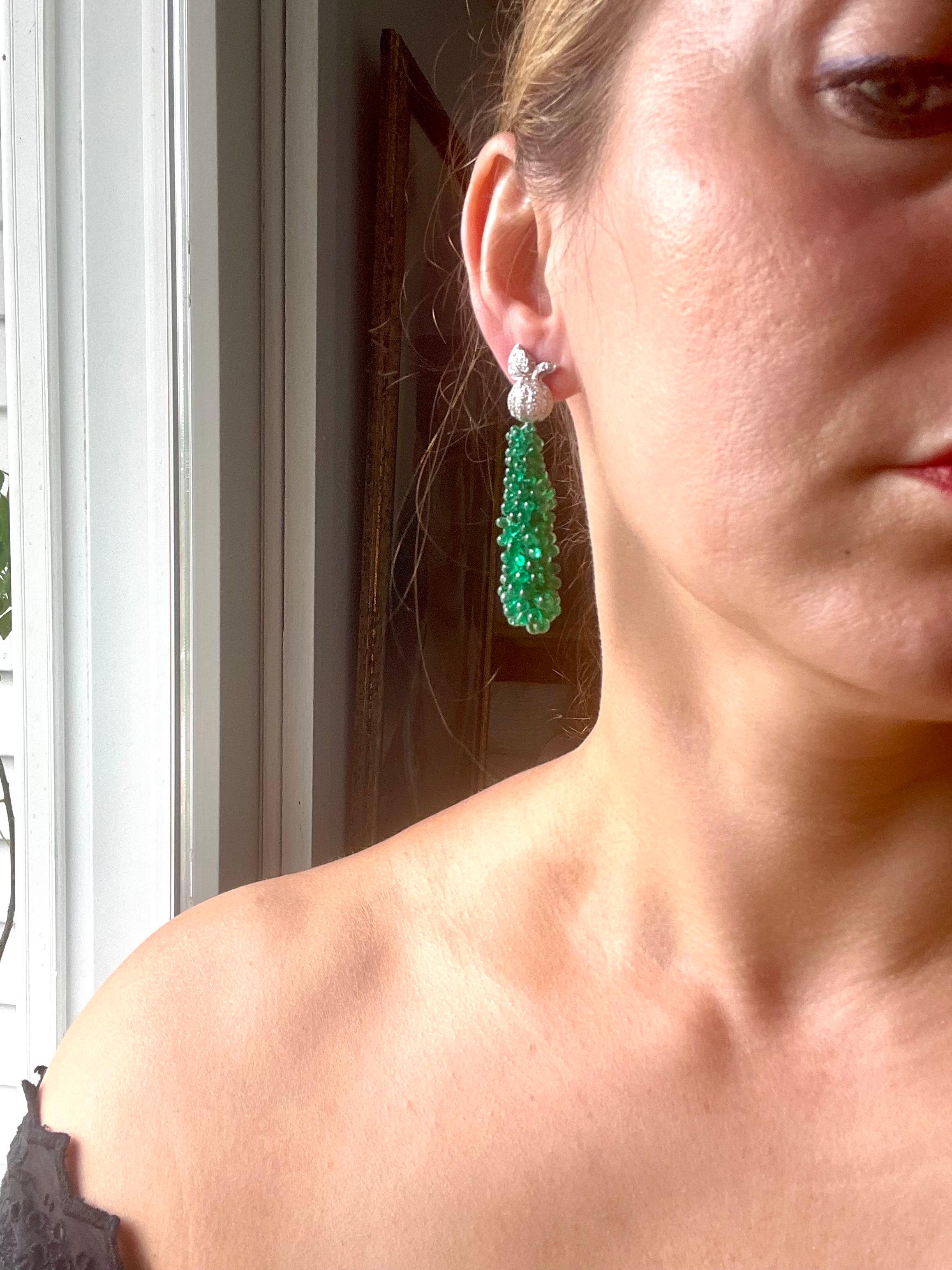 89 Carat Colombian Emerald Briolettes & Diamond Hanging Drop Earrings 18 Kt Gold For Sale 4