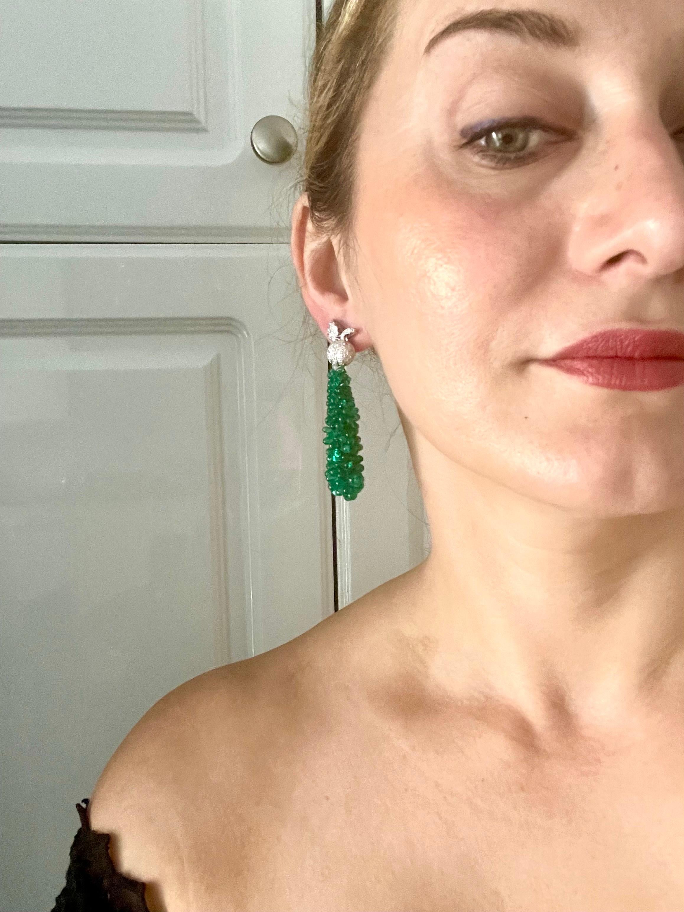 89 Carat Colombian Emerald Briolettes & Diamond Hanging Drop Earrings 18 Kt Gold For Sale 5