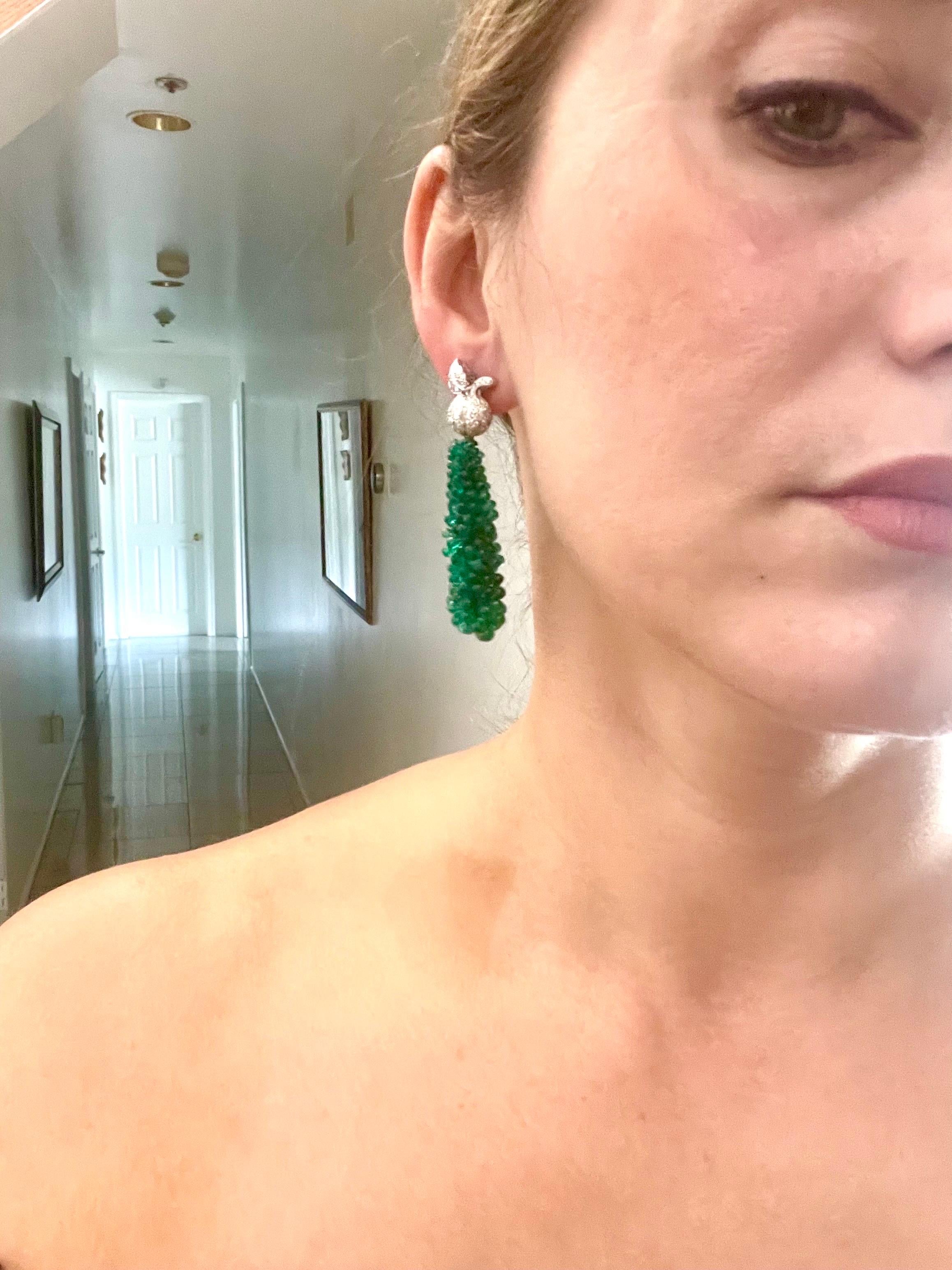 89 Carat Colombian Emerald Briolettes & Diamond Hanging Drop Earrings 18 Kt Gold For Sale 6