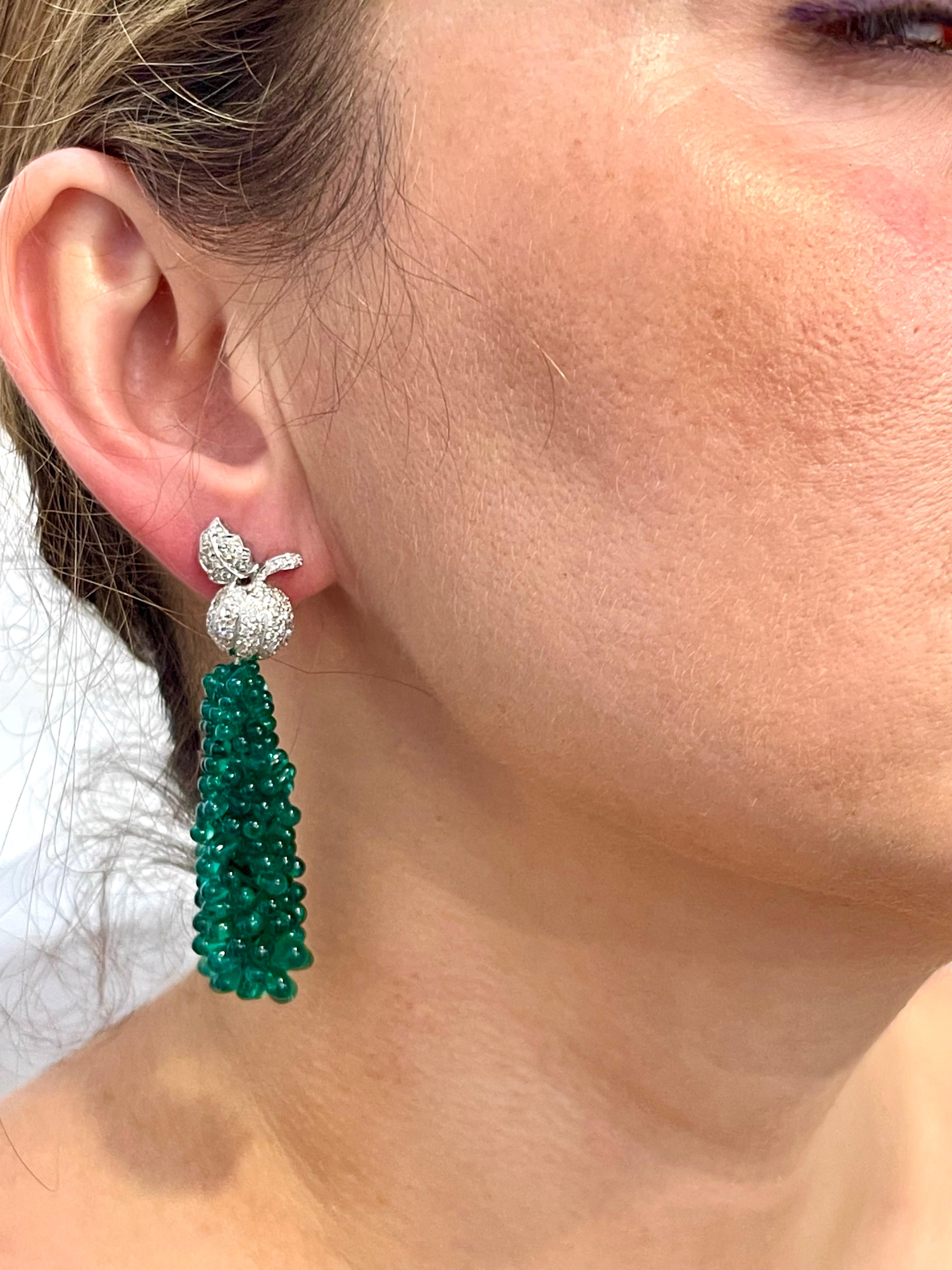 89 Carat Colombian Emerald Briolettes & Diamond Hanging Drop Earrings 18 Kt Gold For Sale 8