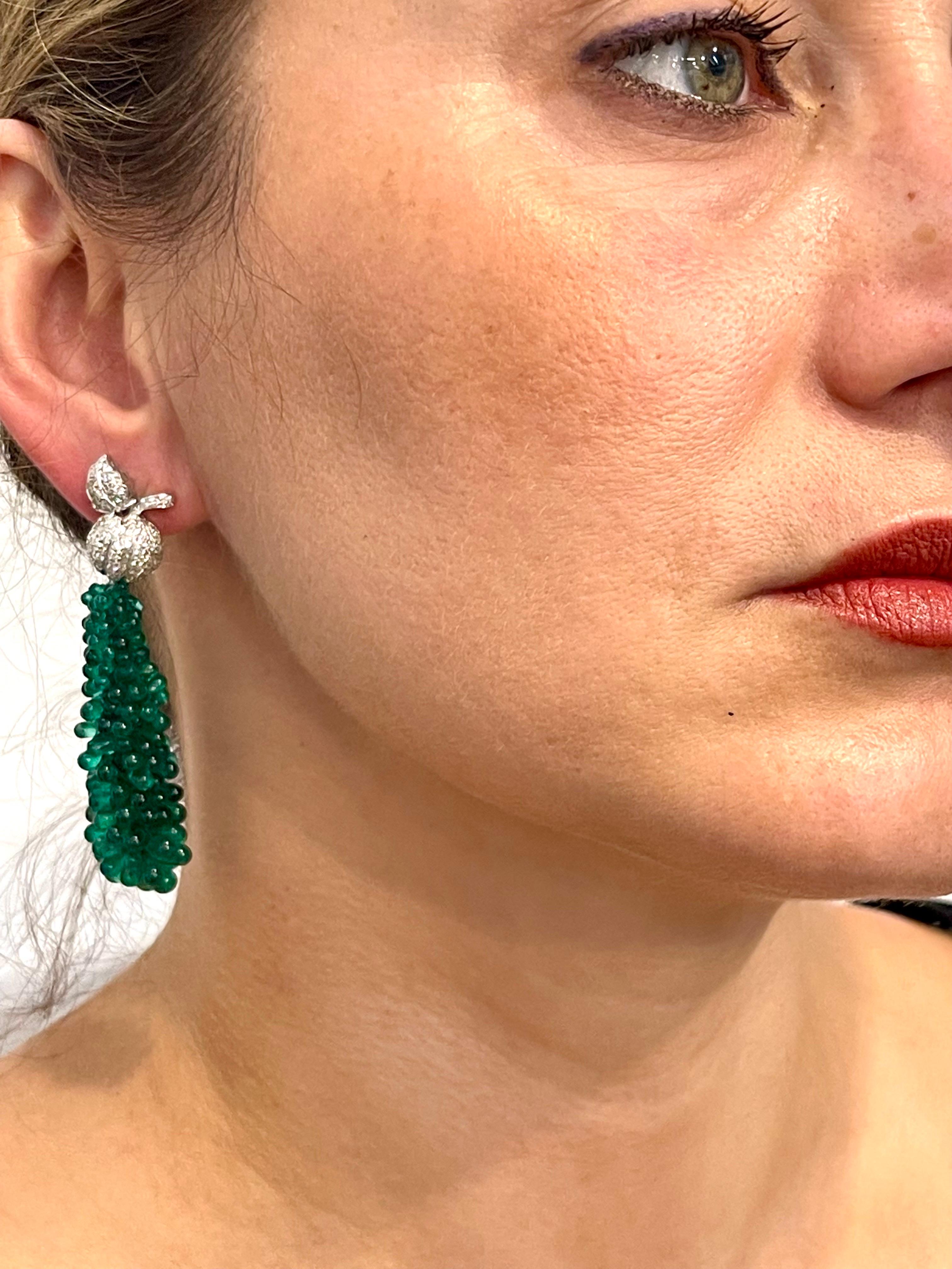 89 Carat Colombian Emerald Briolettes & Diamond Hanging Drop Earrings 18 Kt Gold For Sale 10