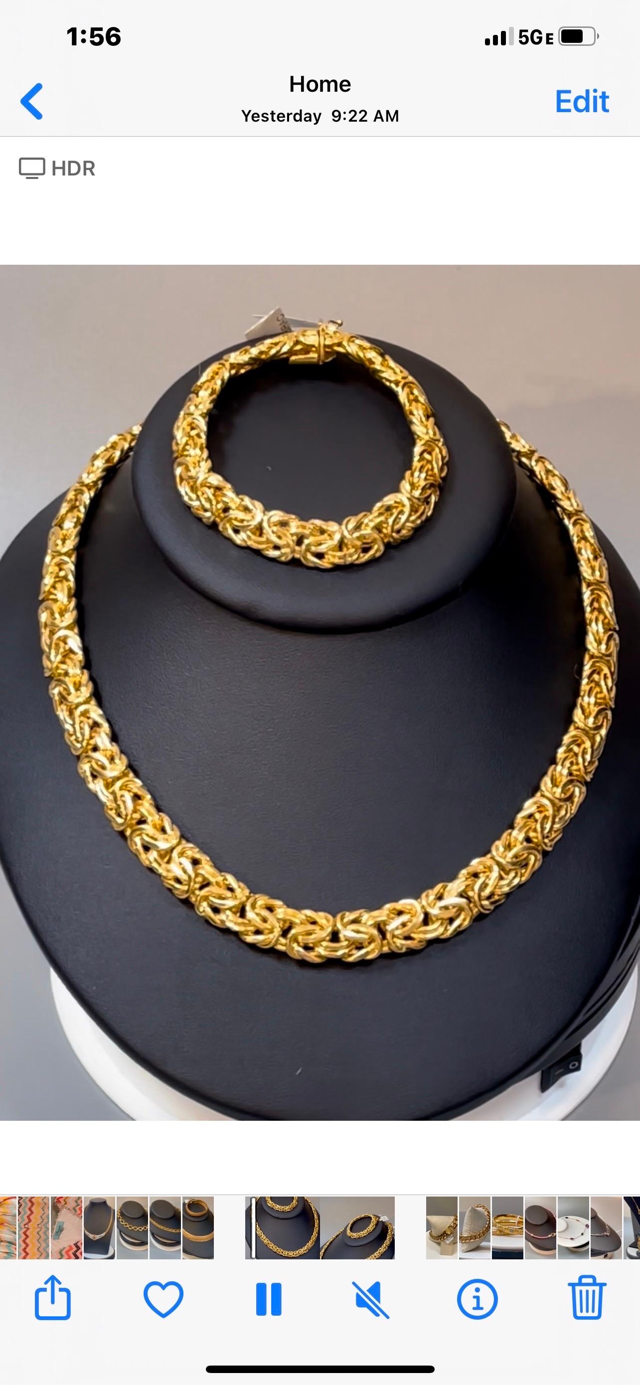18 Inch long Link Necklace and 7.5 inch long bracelet , 18 Karat solid Yellow Gold 97 Gm
18 Inches long Necklace , width is 12mm or approximately half inch
You can combine the bracelet to the necklace to make it a longer necklace and it will fit