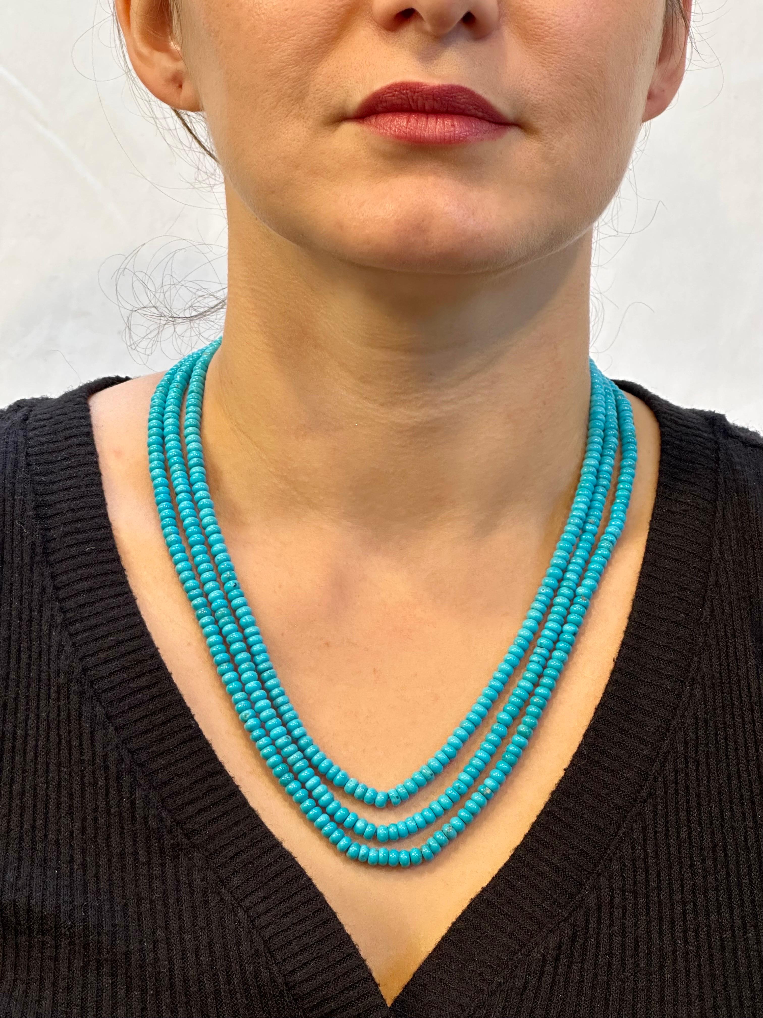 345 Carat Natural Sleeping Beauty Turquoise Necklace, Four Strand 14 Karat Gold For Sale 5