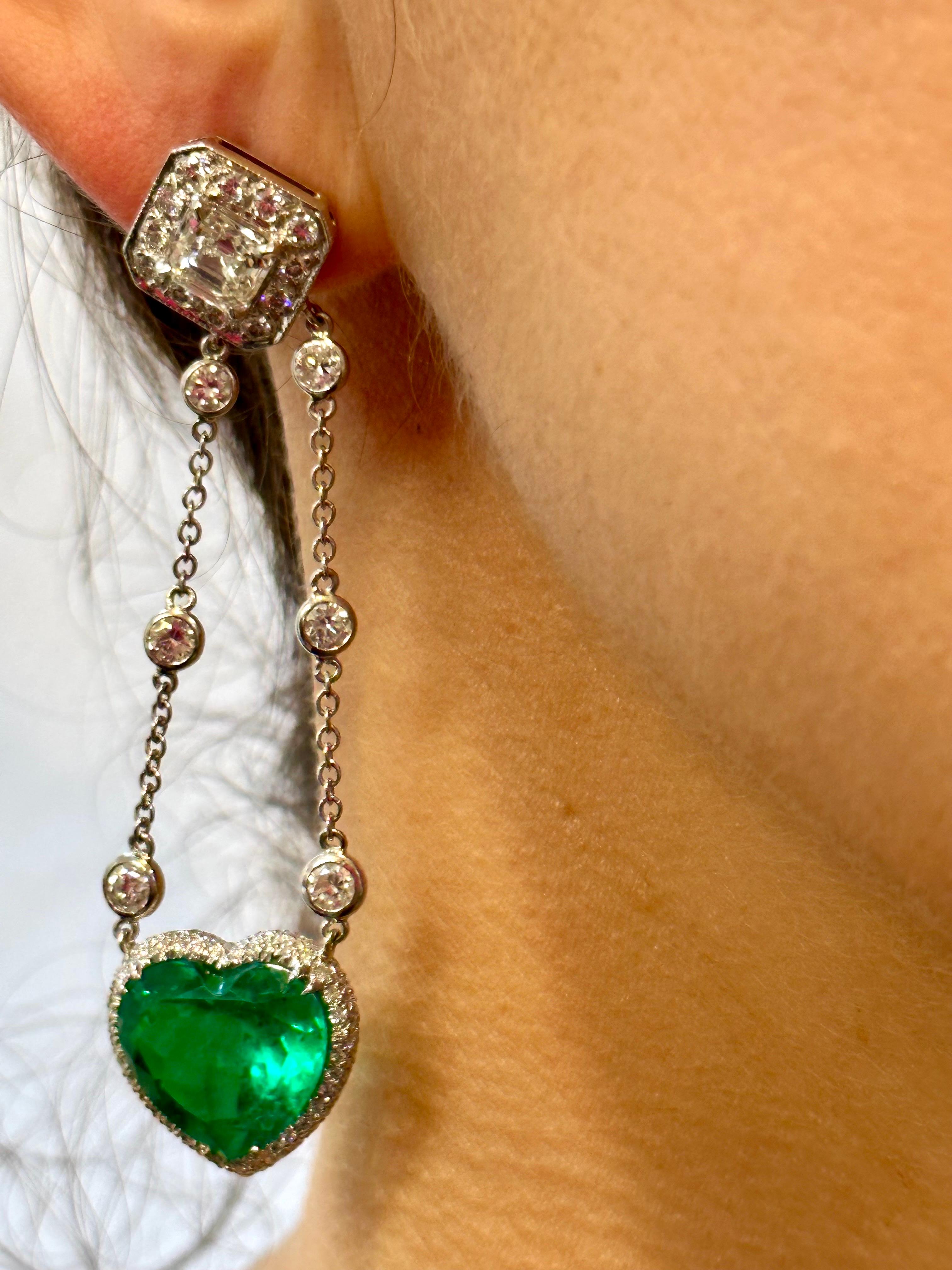 GIA Certified Heart  Colombian Emerald & GIA VVS, F 1.12 Ct Each Diamond Earring 6