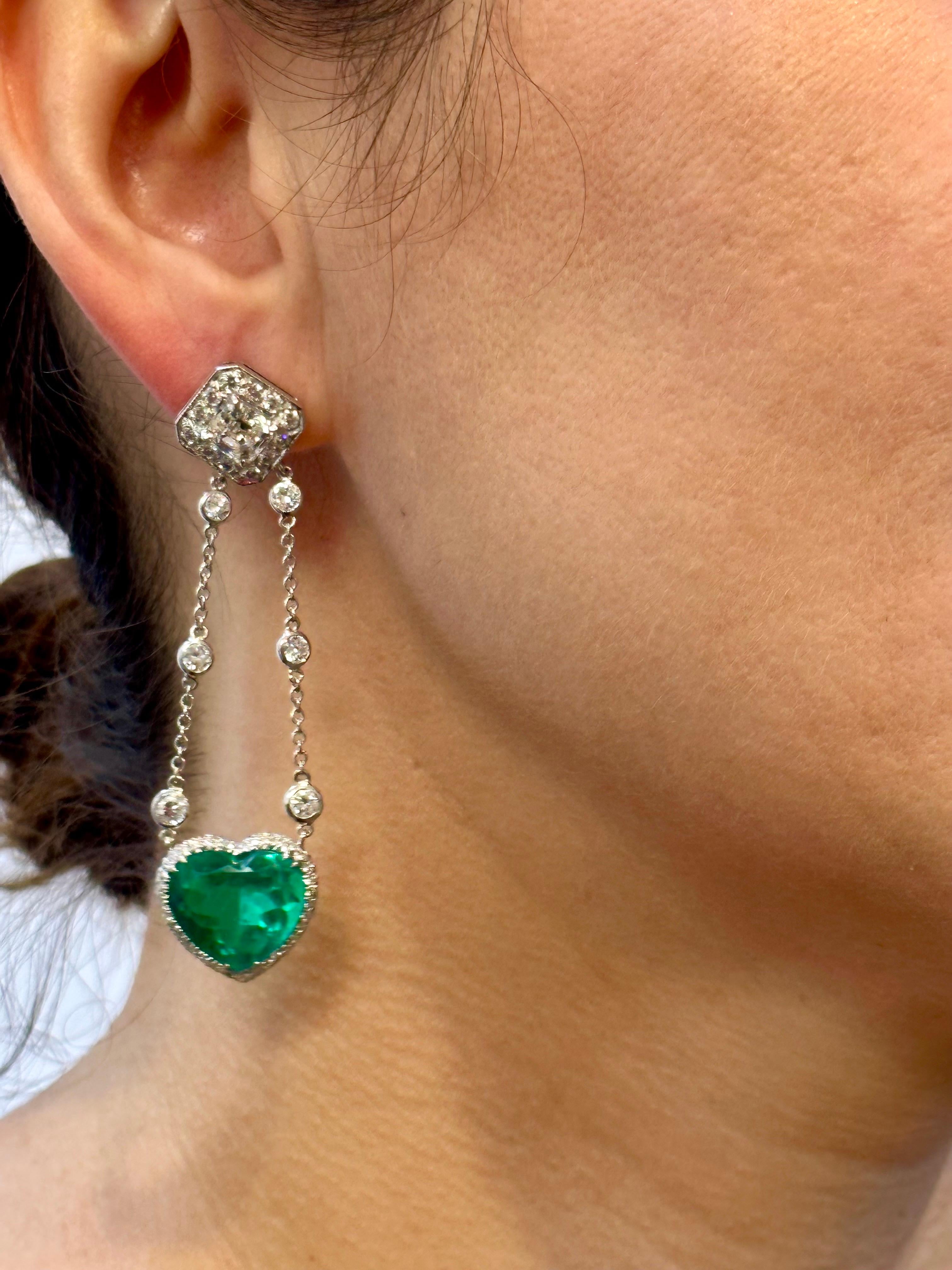 GIA Certified Heart  Colombian Emerald & GIA VVS, F 1.12 Ct Each Diamond Earring 12