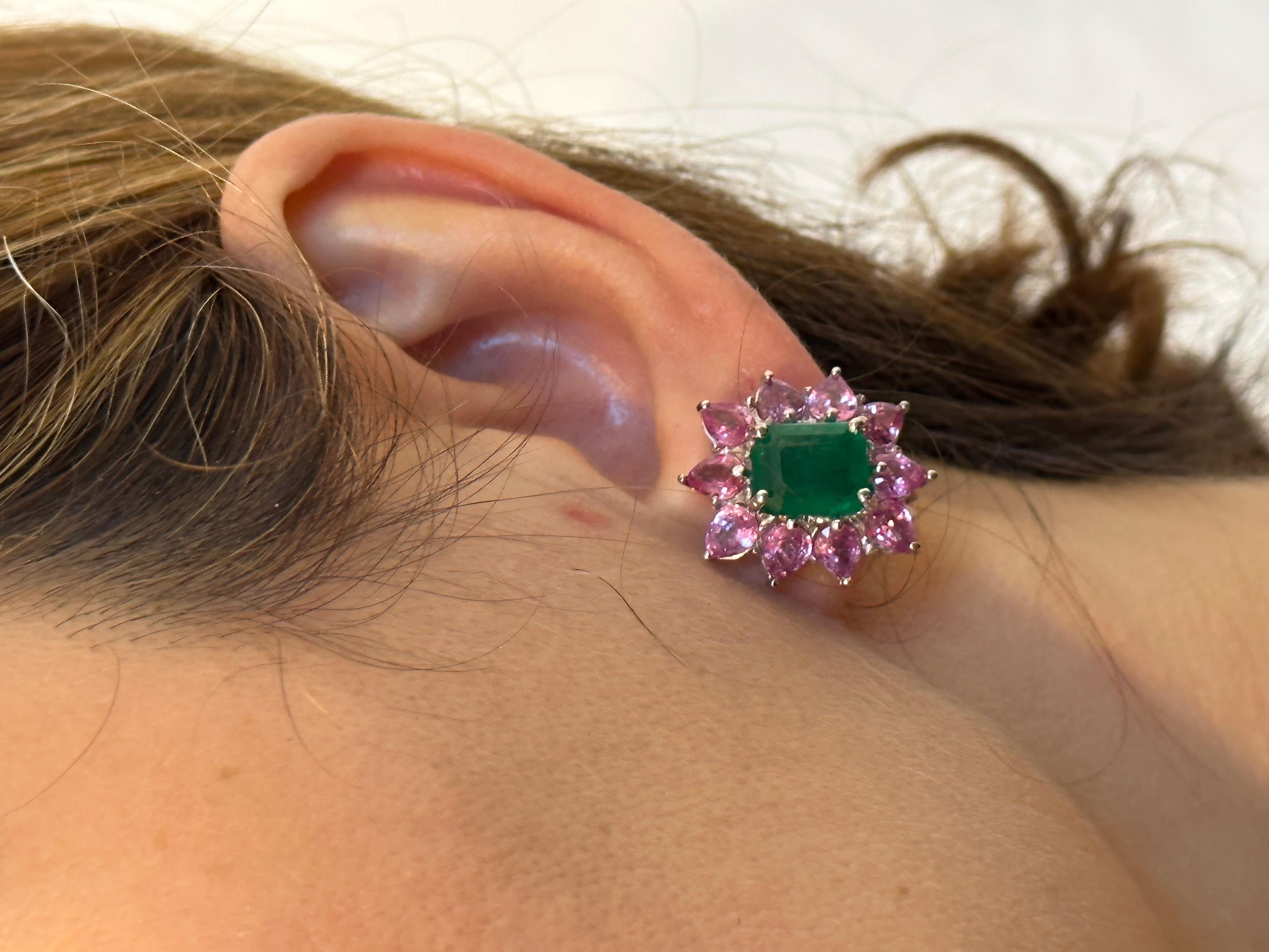 Vintage 5 Ct Natural Emerald Cut Emerald & Pink Sapphire Earrings Platinum 3