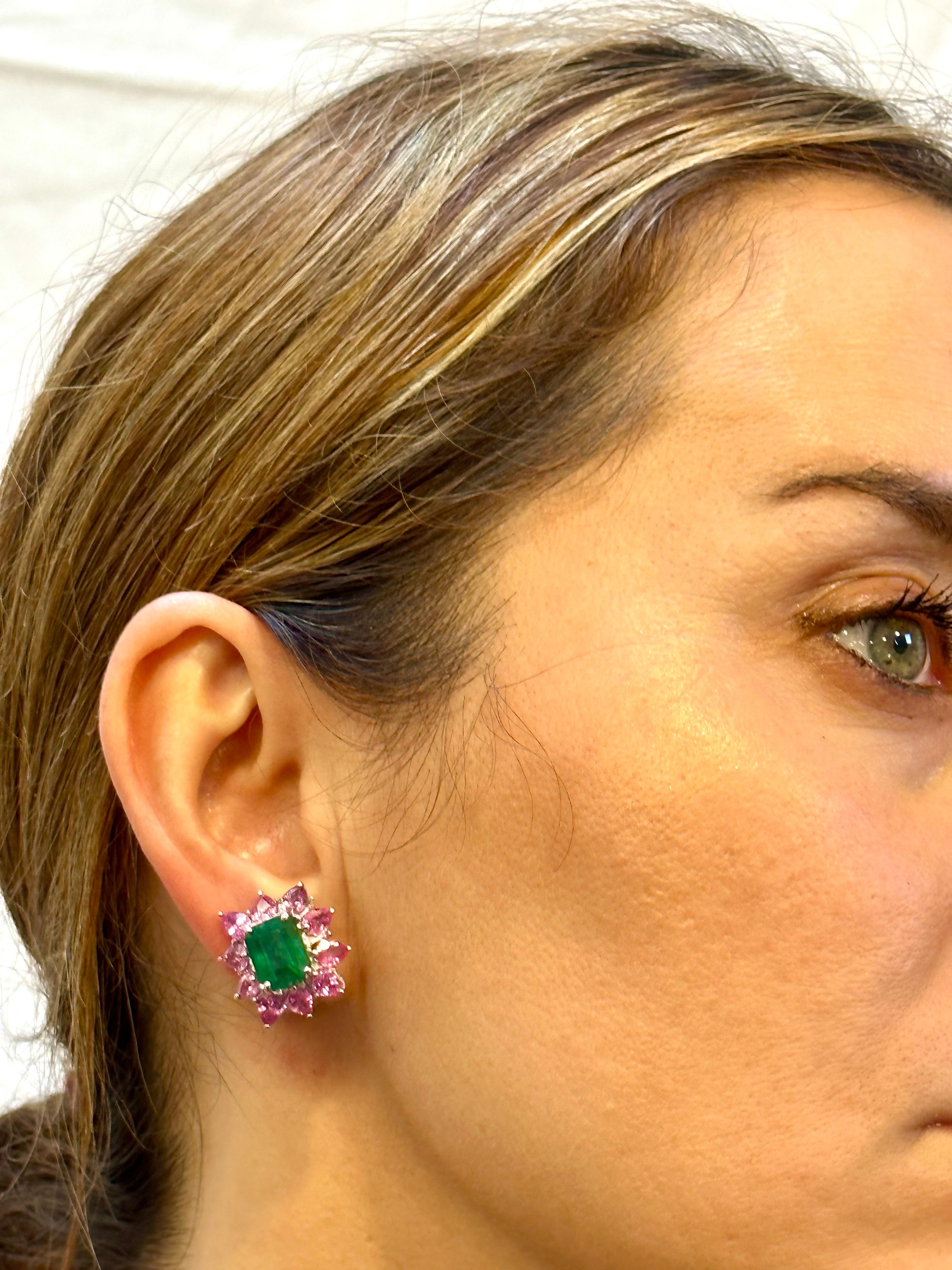 Vintage 5 Ct Natural Emerald Cut Emerald & Pink Sapphire Earrings Platinum 5