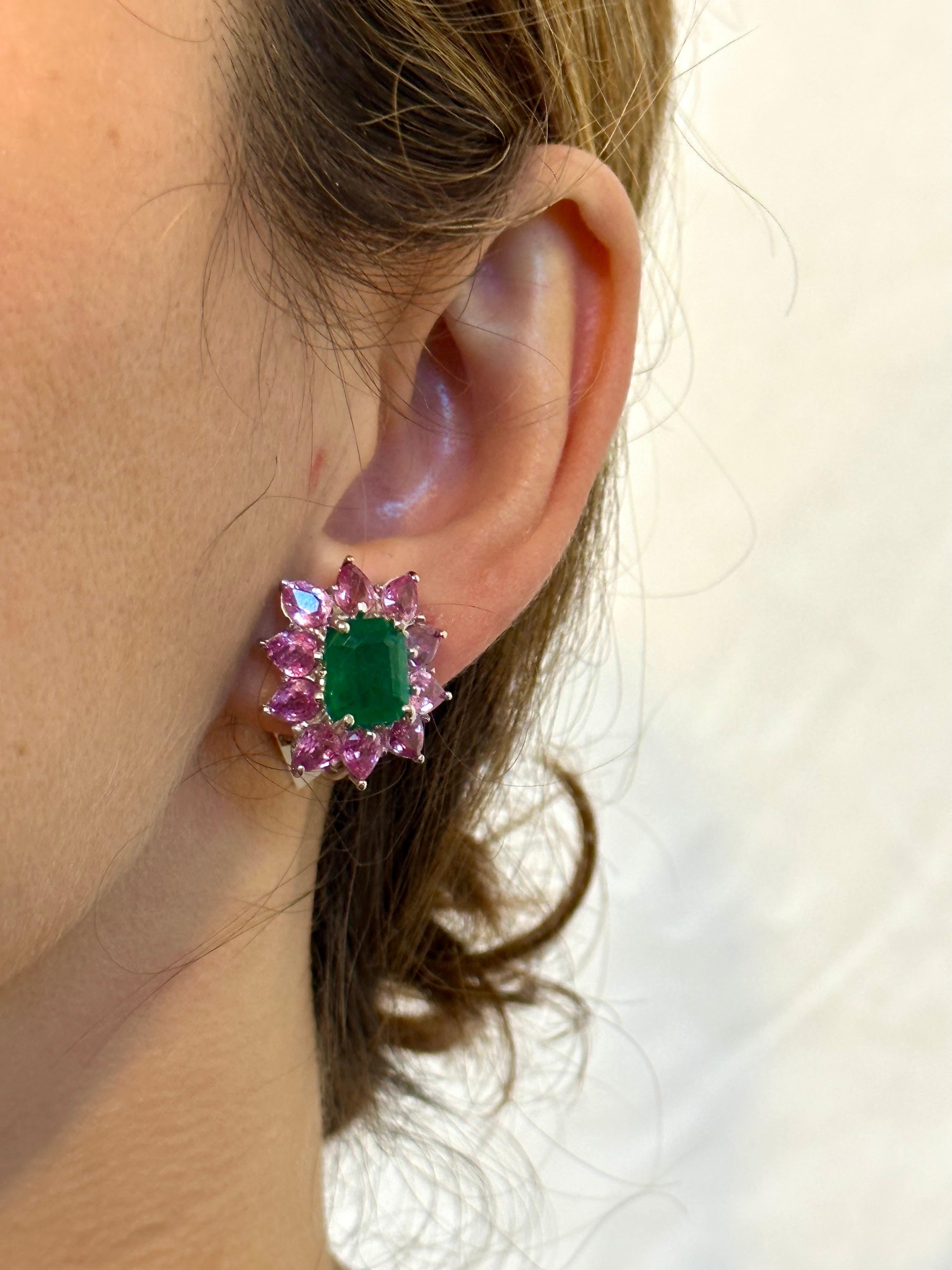 Vintage 5 Ct Natural Emerald Cut Emerald & Pink Sapphire Earrings Platinum 4