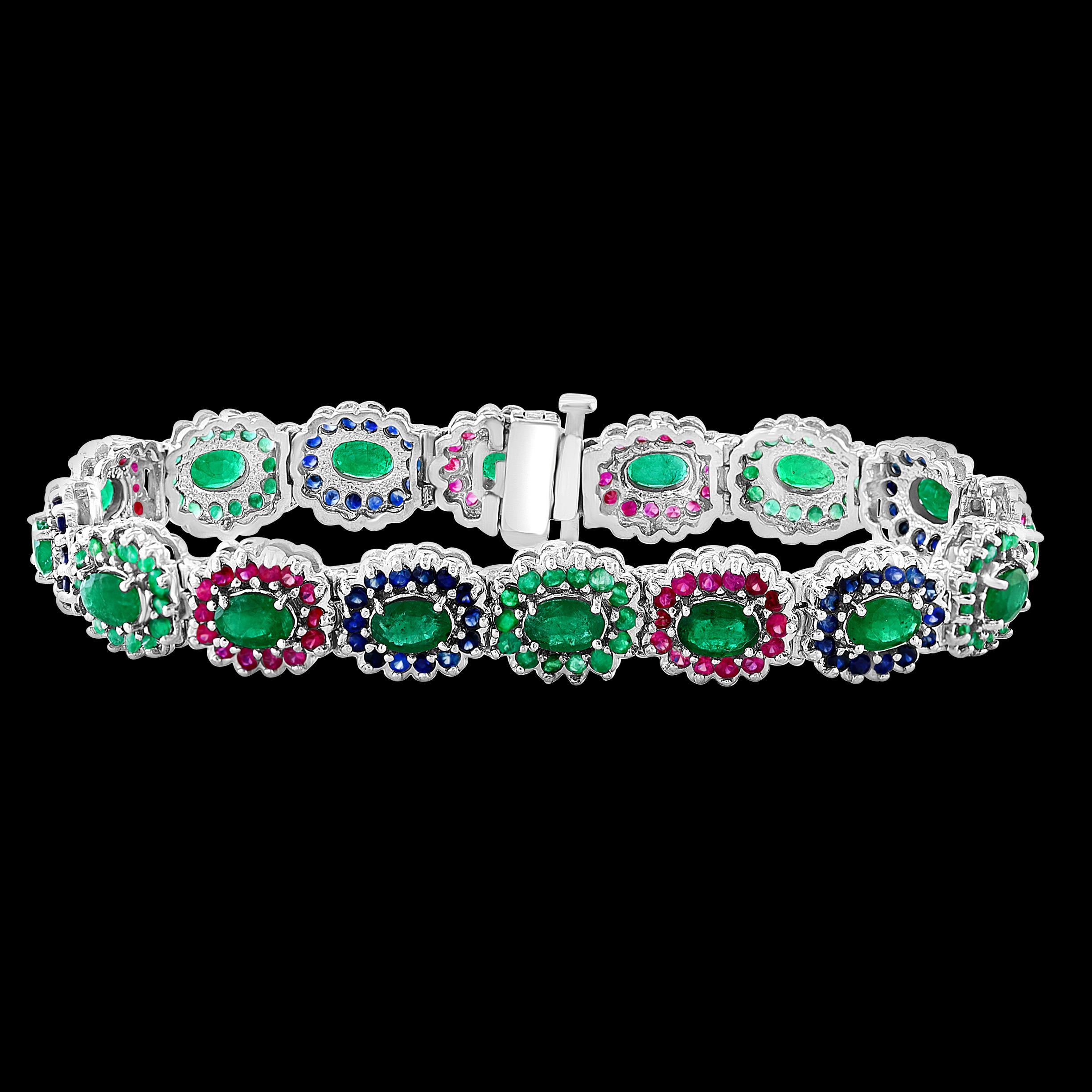 8 Ct Oval Cut Emerald & Ruby & Sapphire Tennis Bracelet 14 Kt White Gold 25.5Gm For Sale 13