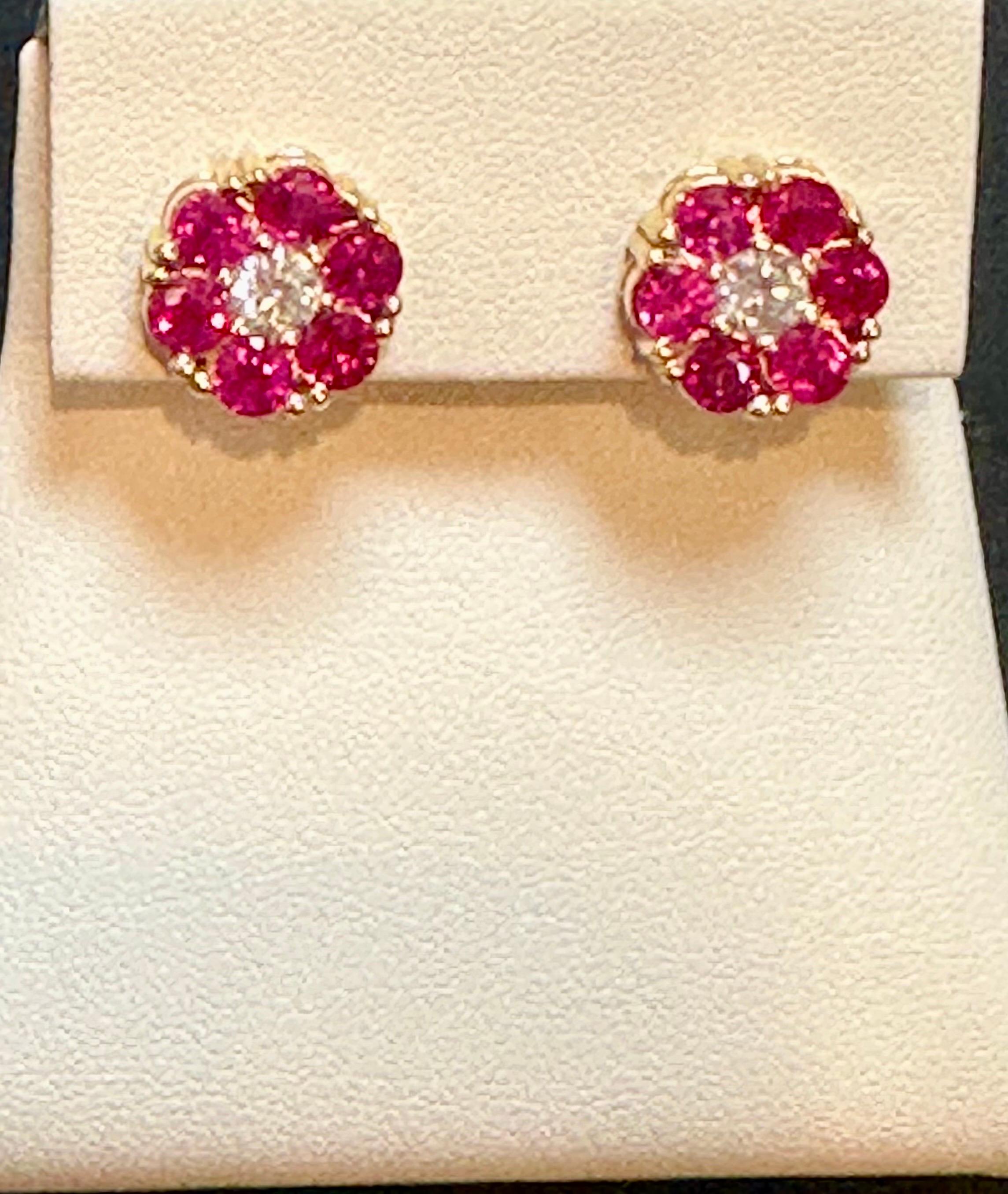3 Carat Ruby & Diamond Floral Cluster Flower Stud Earrings 14 Karat Yellow Gold For Sale 5