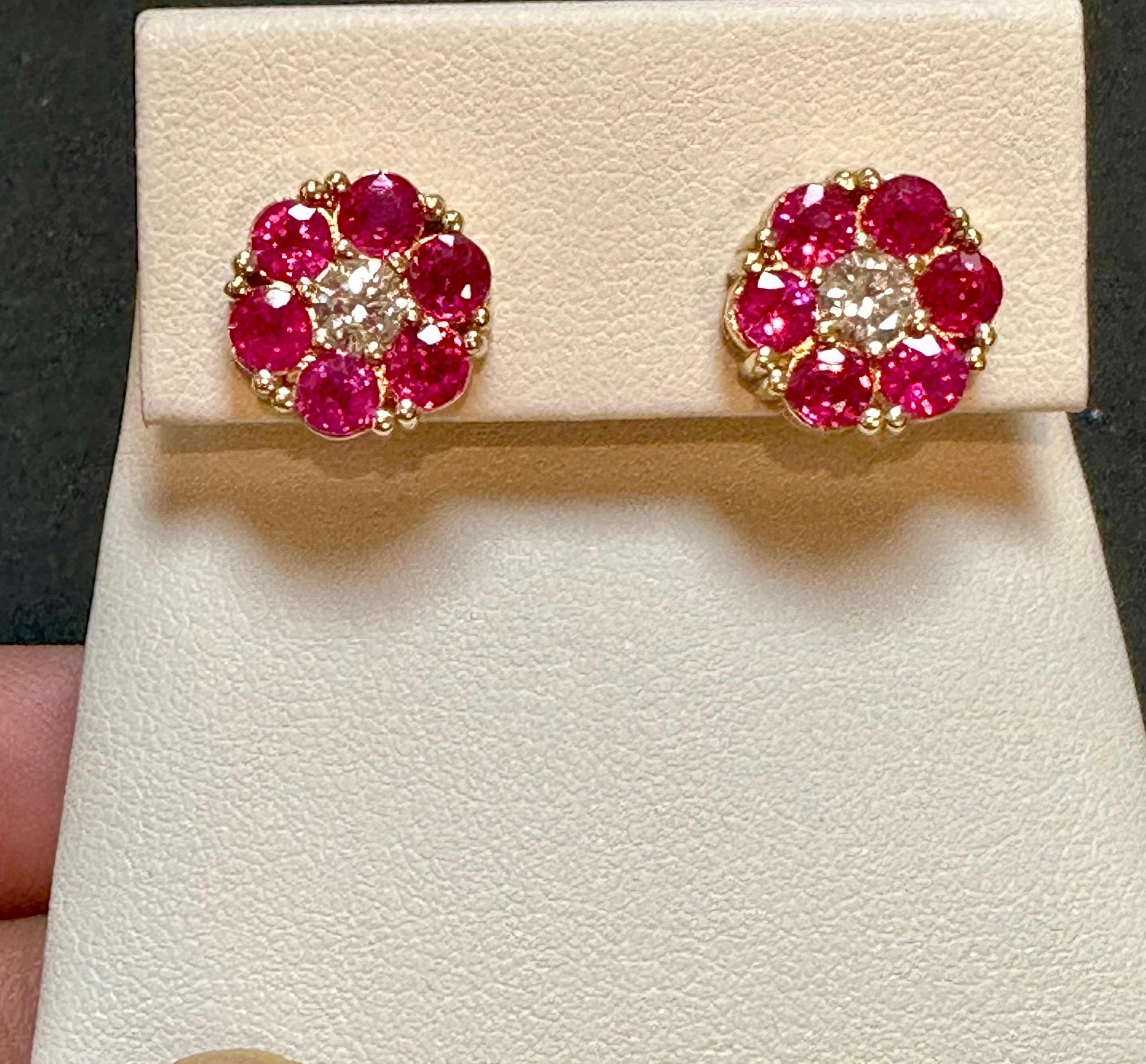 3 Carat Ruby & Diamond Floral Cluster Flower Stud Earrings 14 Karat Yellow Gold For Sale 6