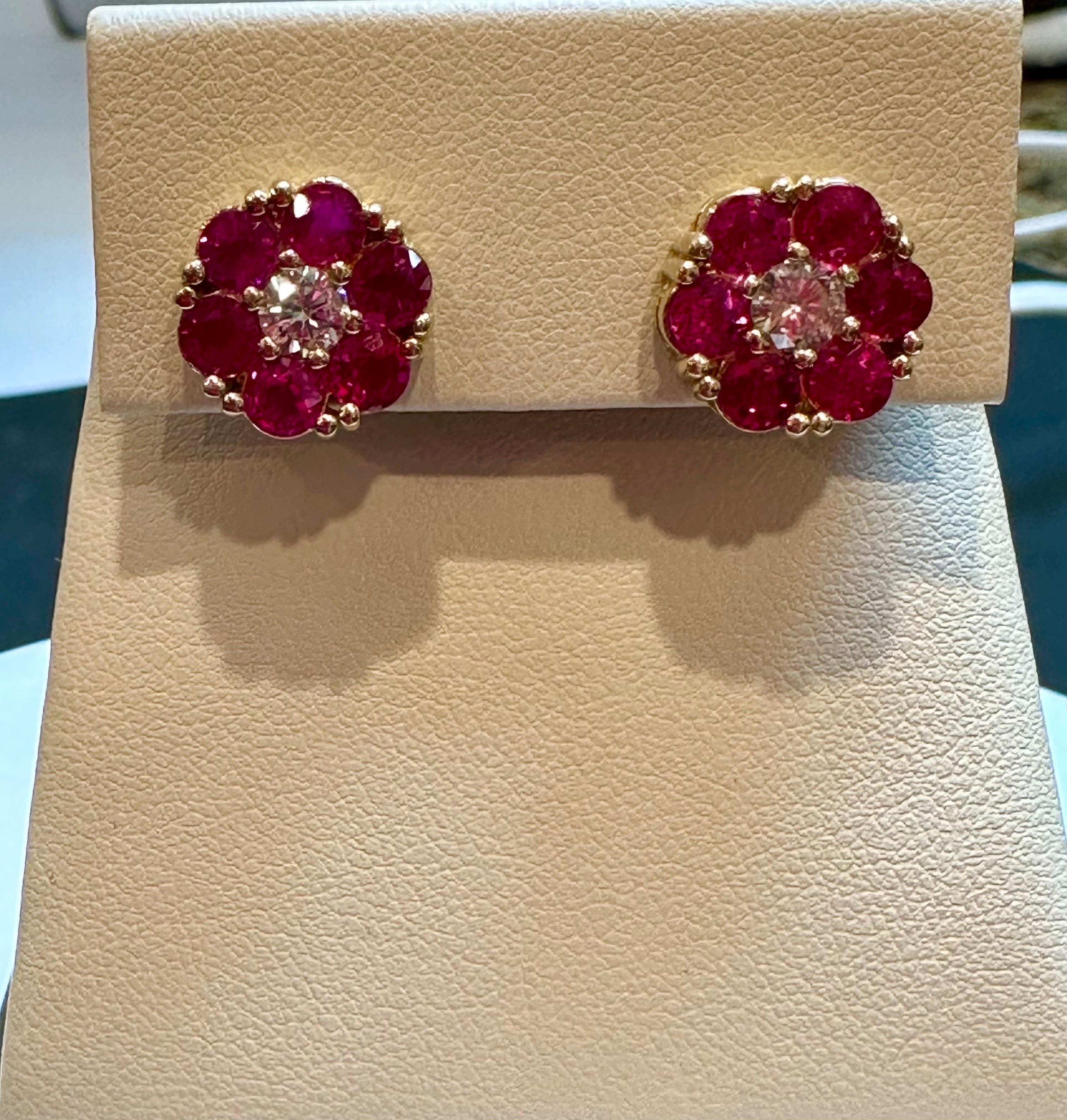 3 Carat Ruby & Diamond Floral Cluster Flower Stud Earrings 14 Karat Yellow Gold For Sale 7