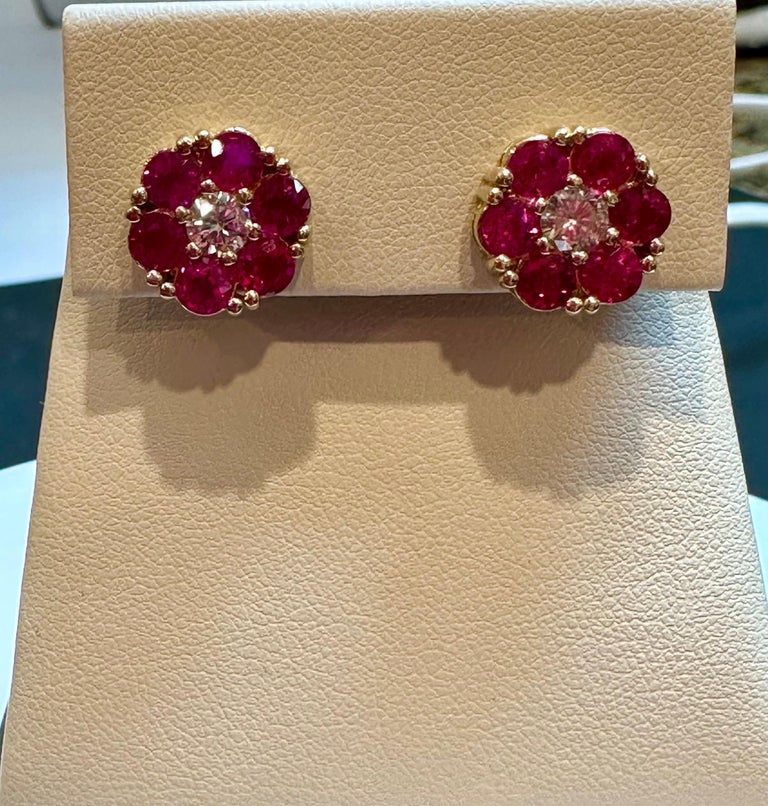 3 Carat Ruby and Diamond Floral Cluster Flower Stud Earrings 14 Karat ...