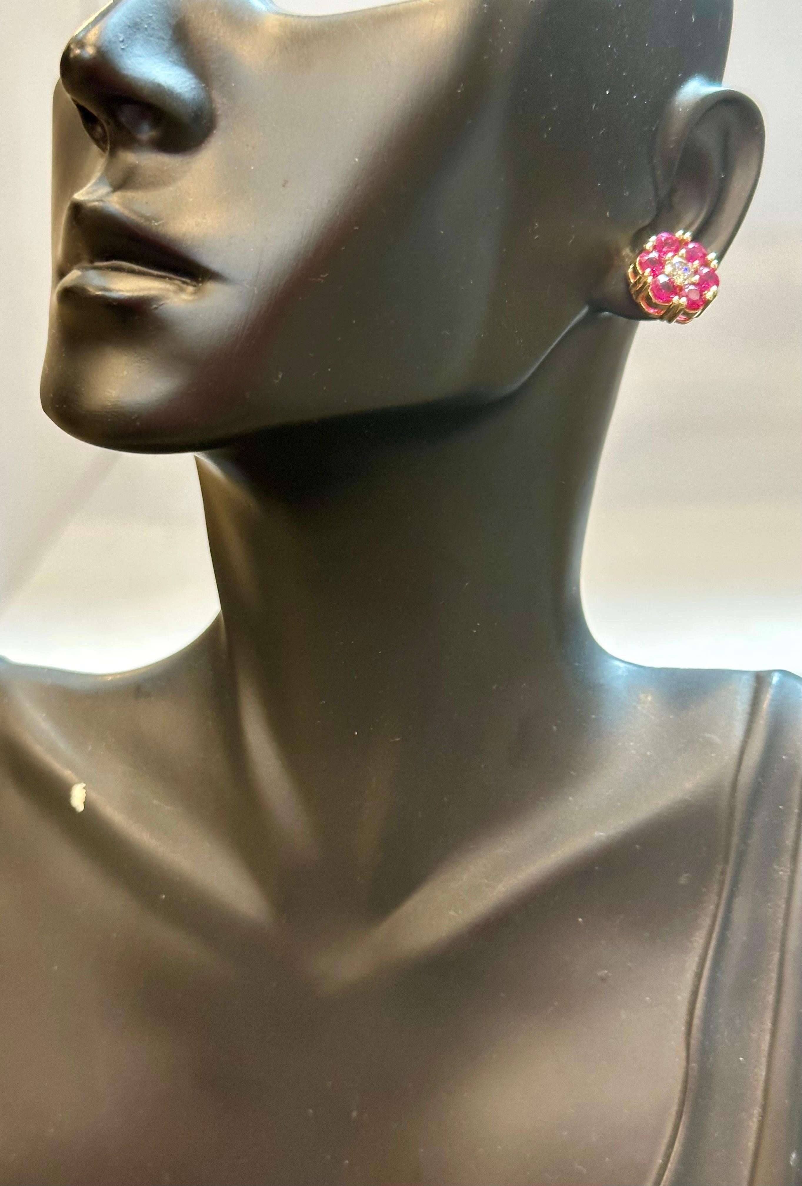 3 Carat Ruby & Diamond Floral Cluster Flower Stud Earrings 14 Karat Yellow Gold For Sale 8